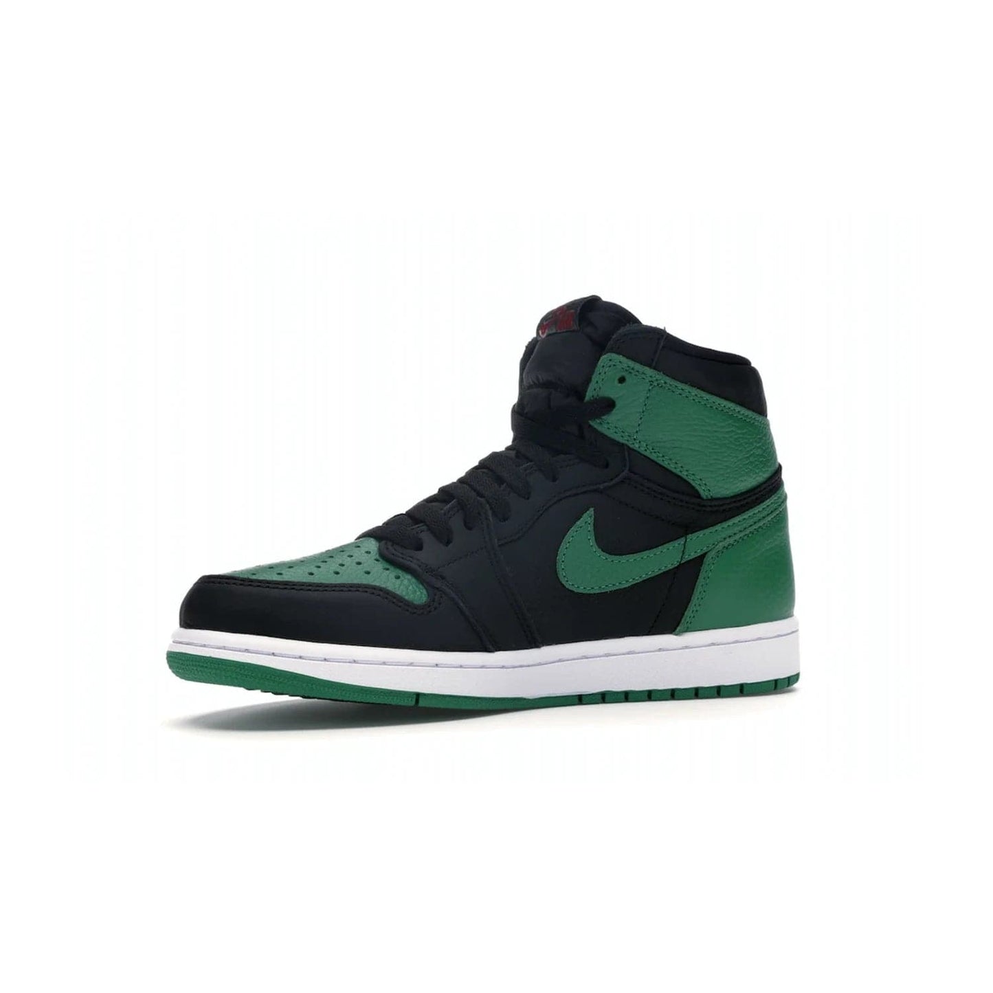 Jordan 1 Retro High Pine Green Black - Image 16 - Only at www.BallersClubKickz.com - Step into fresh style with the Jordan 1 Retro High Pine Green Black. Combining a black tumbled leather upper with green leather overlays, this sneaker features a Gym Red embroidered tongue tag, sail midsole, and pine green outsole for iconic style with a unique twist.