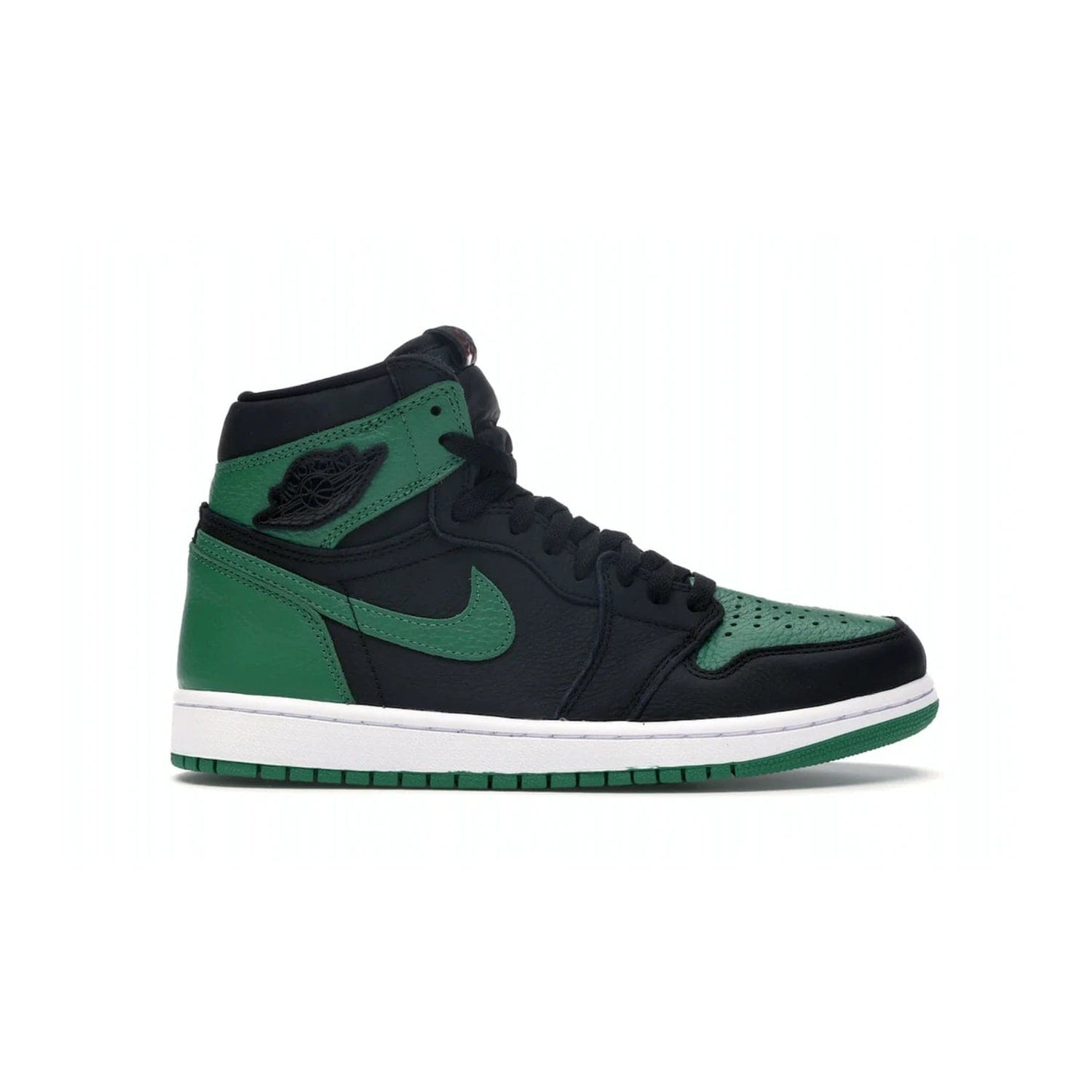 Jordan 1 Retro High Pine Green Black - Image 1 - Only at www.BallersClubKickz.com - Step into fresh style with the Jordan 1 Retro High Pine Green Black. Combining a black tumbled leather upper with green leather overlays, this sneaker features a Gym Red embroidered tongue tag, sail midsole, and pine green outsole for iconic style with a unique twist.