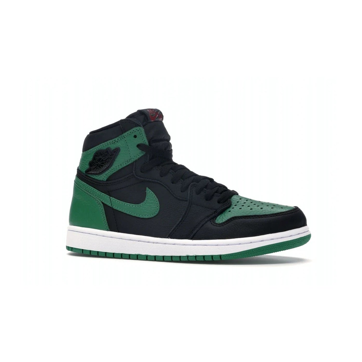 Jordan 1 Retro High Pine Green Black - Image 3 - Only at www.BallersClubKickz.com - Step into fresh style with the Jordan 1 Retro High Pine Green Black. Combining a black tumbled leather upper with green leather overlays, this sneaker features a Gym Red embroidered tongue tag, sail midsole, and pine green outsole for iconic style with a unique twist.