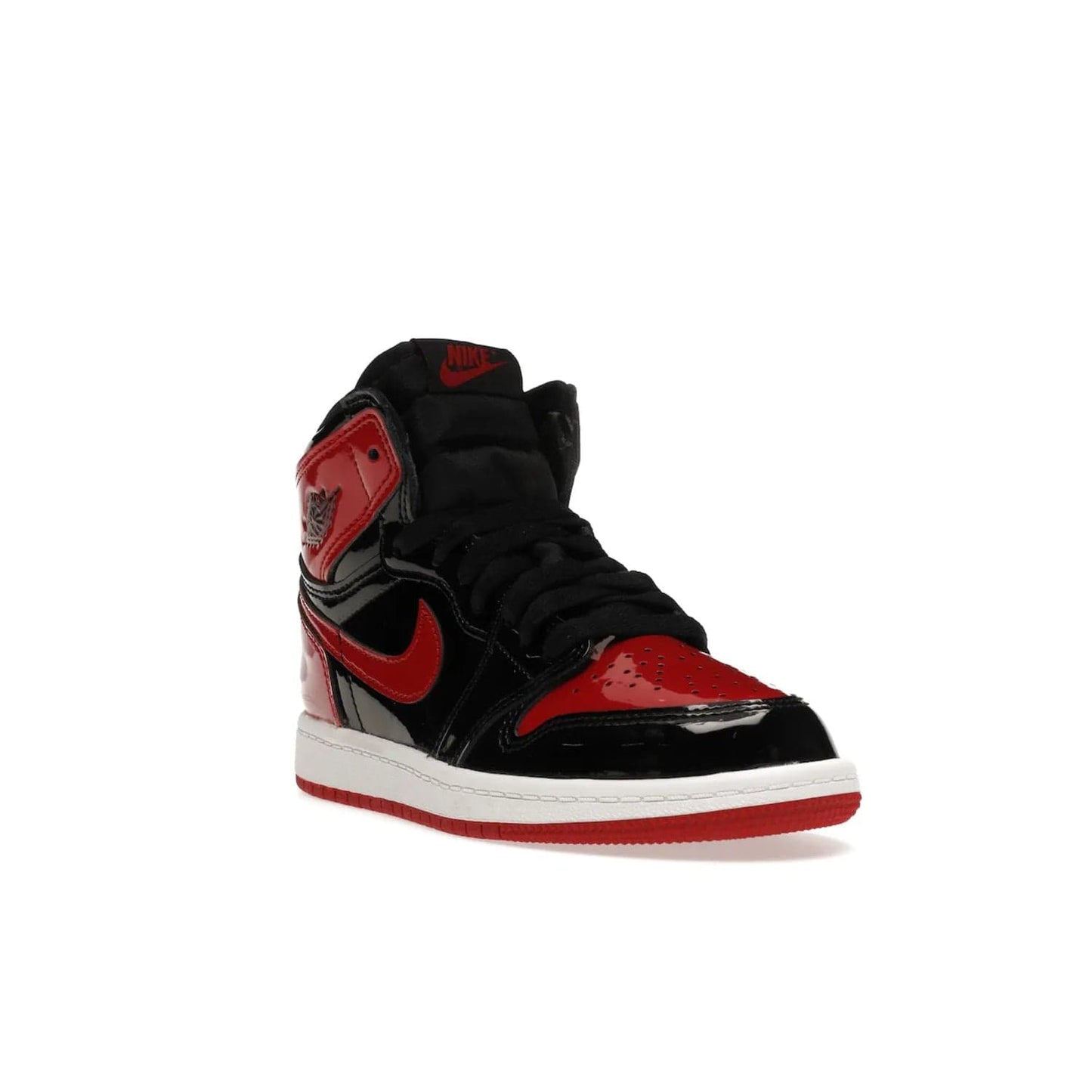 Jordan 1 Retro High OG Patent Bred (PS) - Image 7 - Only at www.BallersClubKickz.com - A timeless classic, the Air Jordan 1 Retro High OG Bred Patent PS features patent leather and debossed Air Jordan Wings motifs. Classic black, white and varsity red colourway on a comfortable and stylish sneaker. Shop this must-have now.