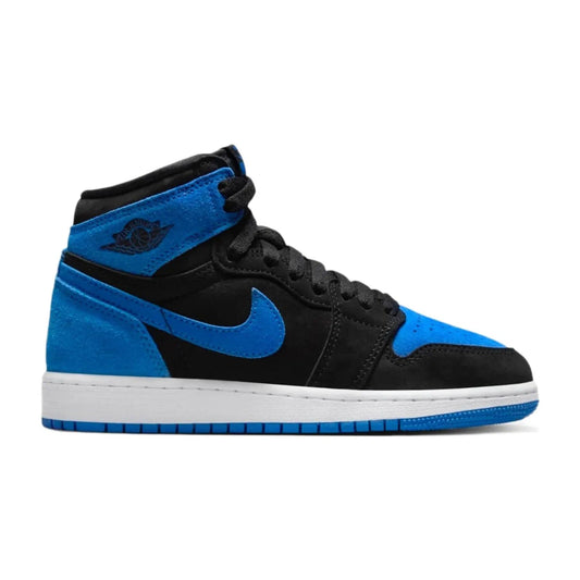 Jordan 1 Retro High OG Royal Reimagined (GS) - Image 1 - Only at www.BallersClubKickz.com - Discover the latest reimagining of the classic Jordan 1 Retro High OG Royal! A sleek new design in Black, Royal Blue and White. Get your pair now - releasing November 4th.