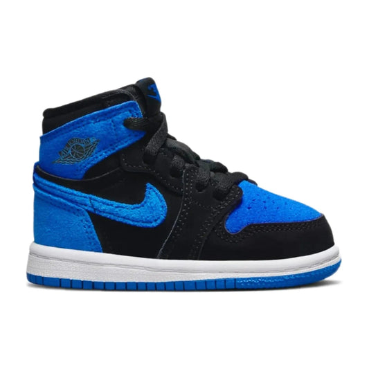 Jordan 1 Retro High OG Royal Reimagined (TD) - Image 1 - Only at www.BallersClubKickz.com - Introducing the Jordan 1 Retro High OG Royal Reimagined (TD), with a sleek black and Royal Blue upper and bright white accents. A stunning blend of colors on a reimagined classic from the Jordan brand. Available November 4th, 2023.