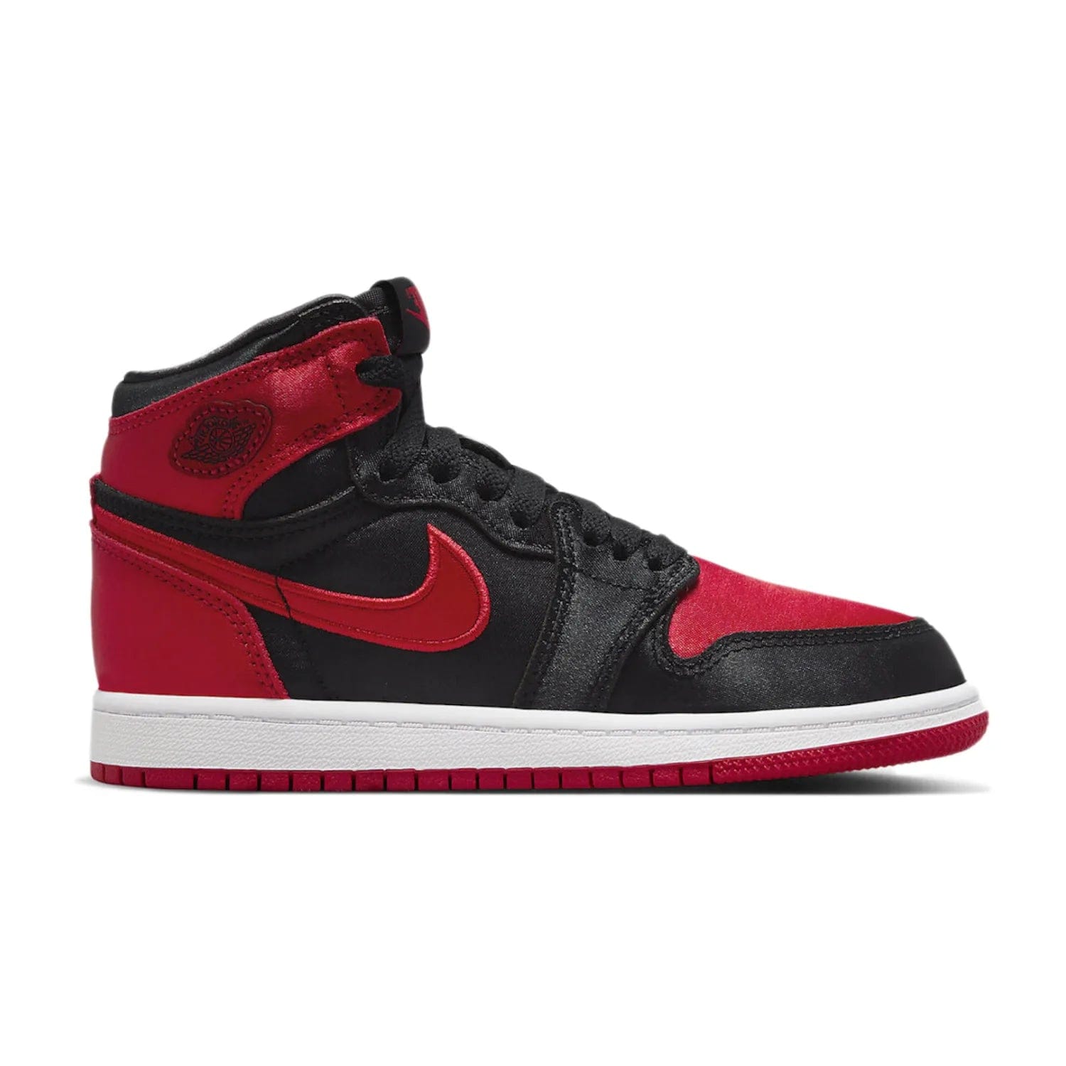 Jordan 1 Retro High OG Satin Bred (PS) - Image 1 - Only at www.BallersClubKickz.com - Jordan 1 Retro High OG Satin Bred (PS): Luxurious Black Satin base with bright scarlet red detailing and white accents. Get yours October 18, 2023!