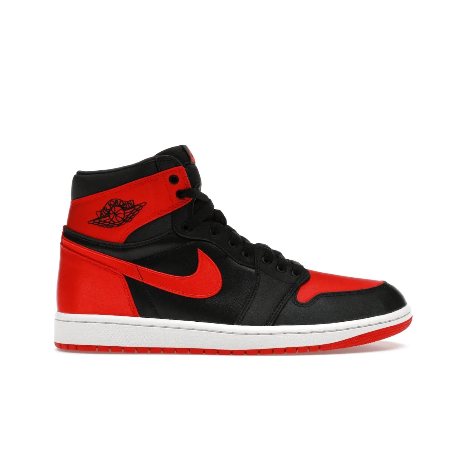 Jordan 1 Retro High OG Satin Bred (Women's) - Image 1 - Only at www.BallersClubKickz.com - Introducing the Jordan 1 Retro High OG Satin Bred (Women's). Luxe satin finish, contrasting hues & classic accents. Trending sneakers symbolizing timelessness & heritage. Make a bold statement with this iconic shoe. Available October 4, 2023.