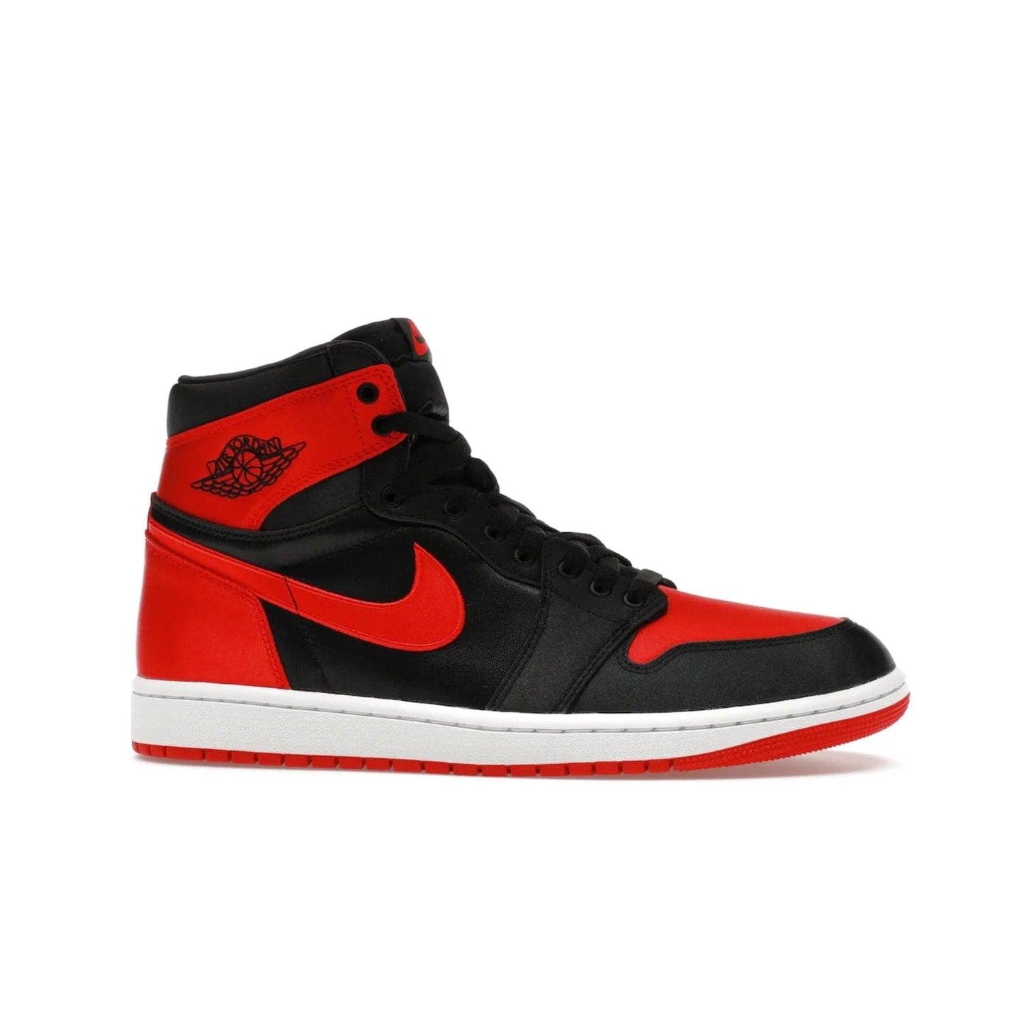 Jordan 1 Retro High OG Satin Bred (Women's) - Image 2 - Only at www.BallersClubKickz.com - Introducing the Jordan 1 Retro High OG Satin Bred (Women's). Luxe satin finish, contrasting hues & classic accents. Trending sneakers symbolizing timelessness & heritage. Make a bold statement with this iconic shoe. Available October 4, 2023.