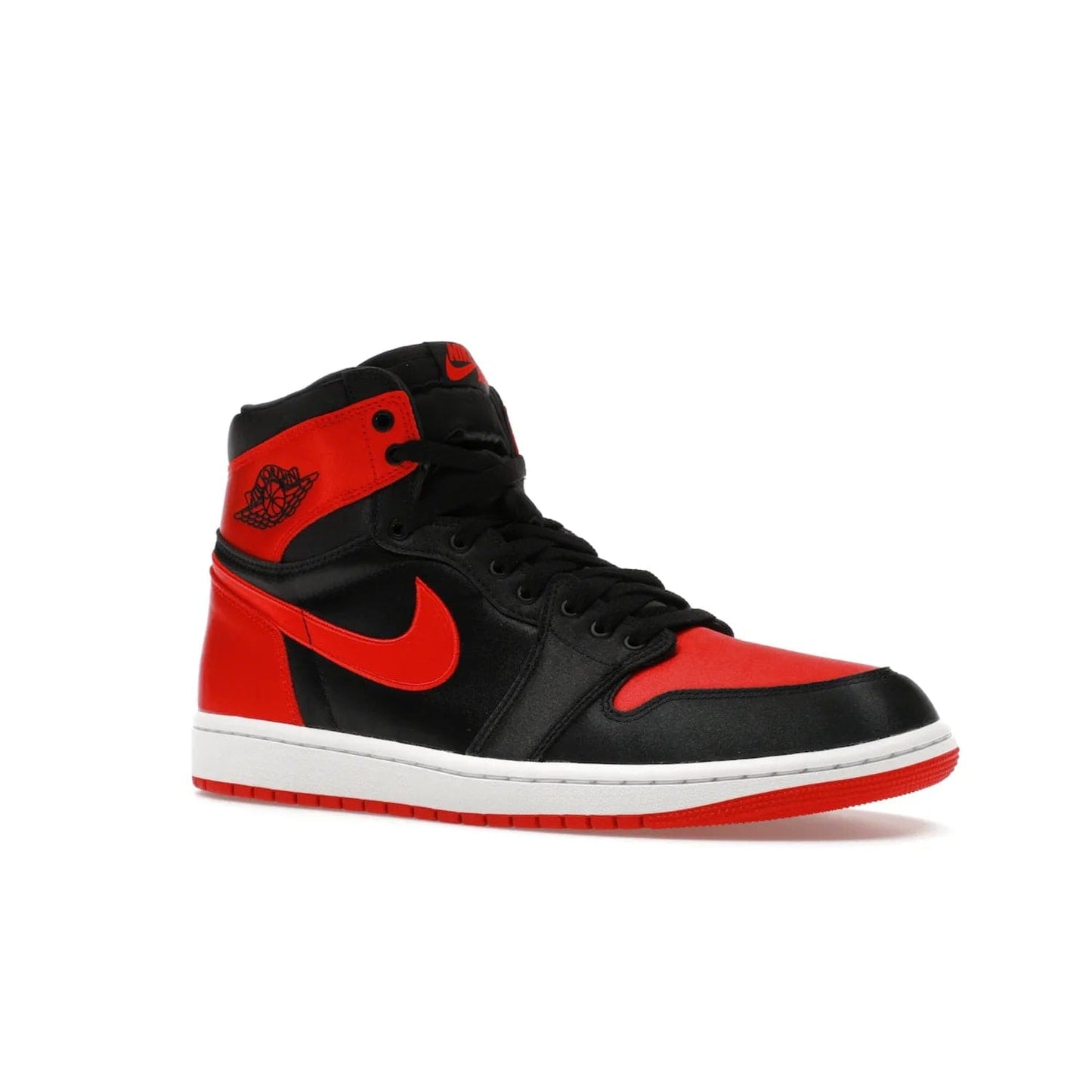 Jordan 1 Retro High OG Satin Bred (Women's) - Image 4 - Only at www.BallersClubKickz.com - Introducing the Jordan 1 Retro High OG Satin Bred (Women's). Luxe satin finish, contrasting hues & classic accents. Trending sneakers symbolizing timelessness & heritage. Make a bold statement with this iconic shoe. Available October 4, 2023.