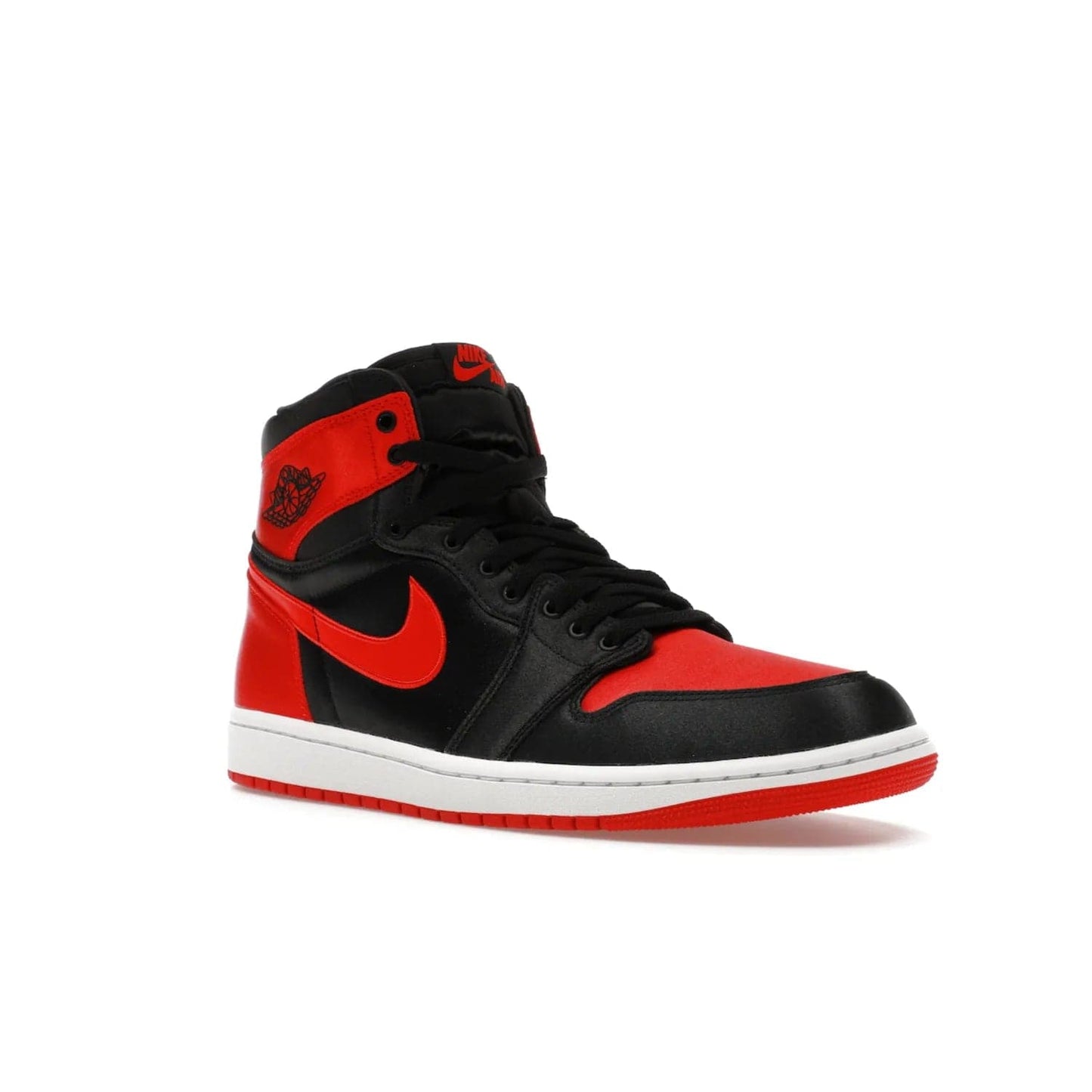 Jordan 1 Retro High OG Satin Bred (Women's) - Image 5 - Only at www.BallersClubKickz.com - Introducing the Jordan 1 Retro High OG Satin Bred (Women's). Luxe satin finish, contrasting hues & classic accents. Trending sneakers symbolizing timelessness & heritage. Make a bold statement with this iconic shoe. Available October 4, 2023.