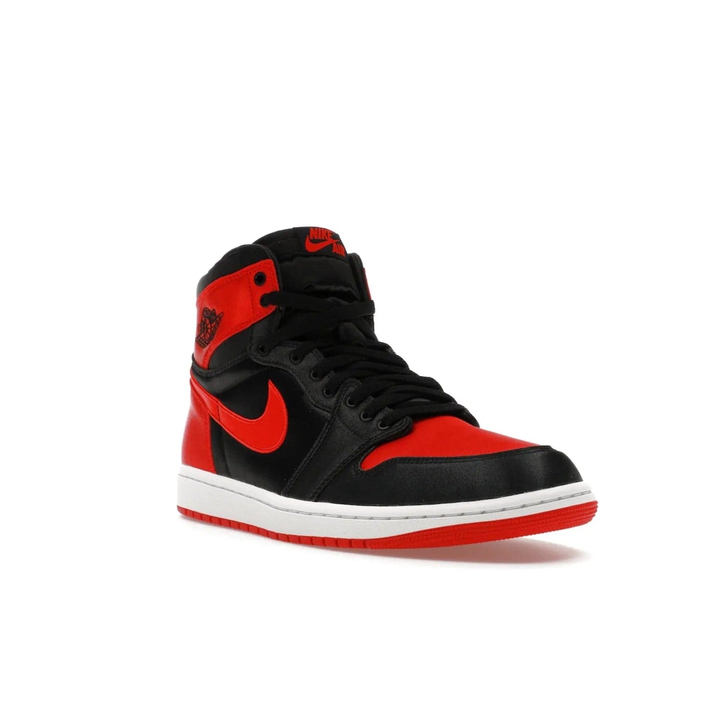Jordan 1 Retro High OG Satin Bred (Women's) - Image 6 - Only at www.BallersClubKickz.com - Introducing the Jordan 1 Retro High OG Satin Bred (Women's). Luxe satin finish, contrasting hues & classic accents. Trending sneakers symbolizing timelessness & heritage. Make a bold statement with this iconic shoe. Available October 4, 2023.