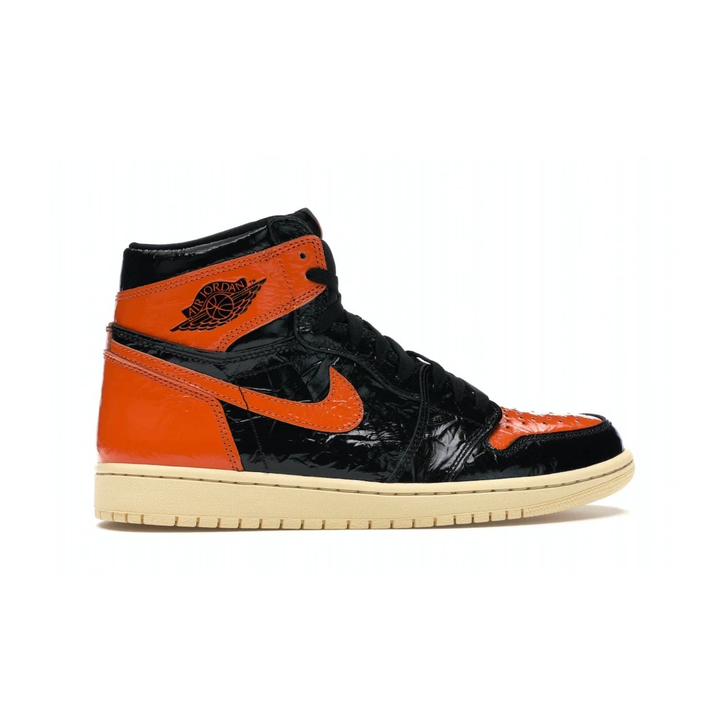 Jordan 1 Retro High Shattered Backboard 3.0 - Image 36 - Only at www.BallersClubKickz.com - #
Jordan 1 Retro High Shattered Backboard 3.0: the perfect blend of modern style and nostalgic flair featuring an orange and black crinkled patent leather upper and yellowed vanilla outsole. Get these exclusive sneakers released in October of 2019!