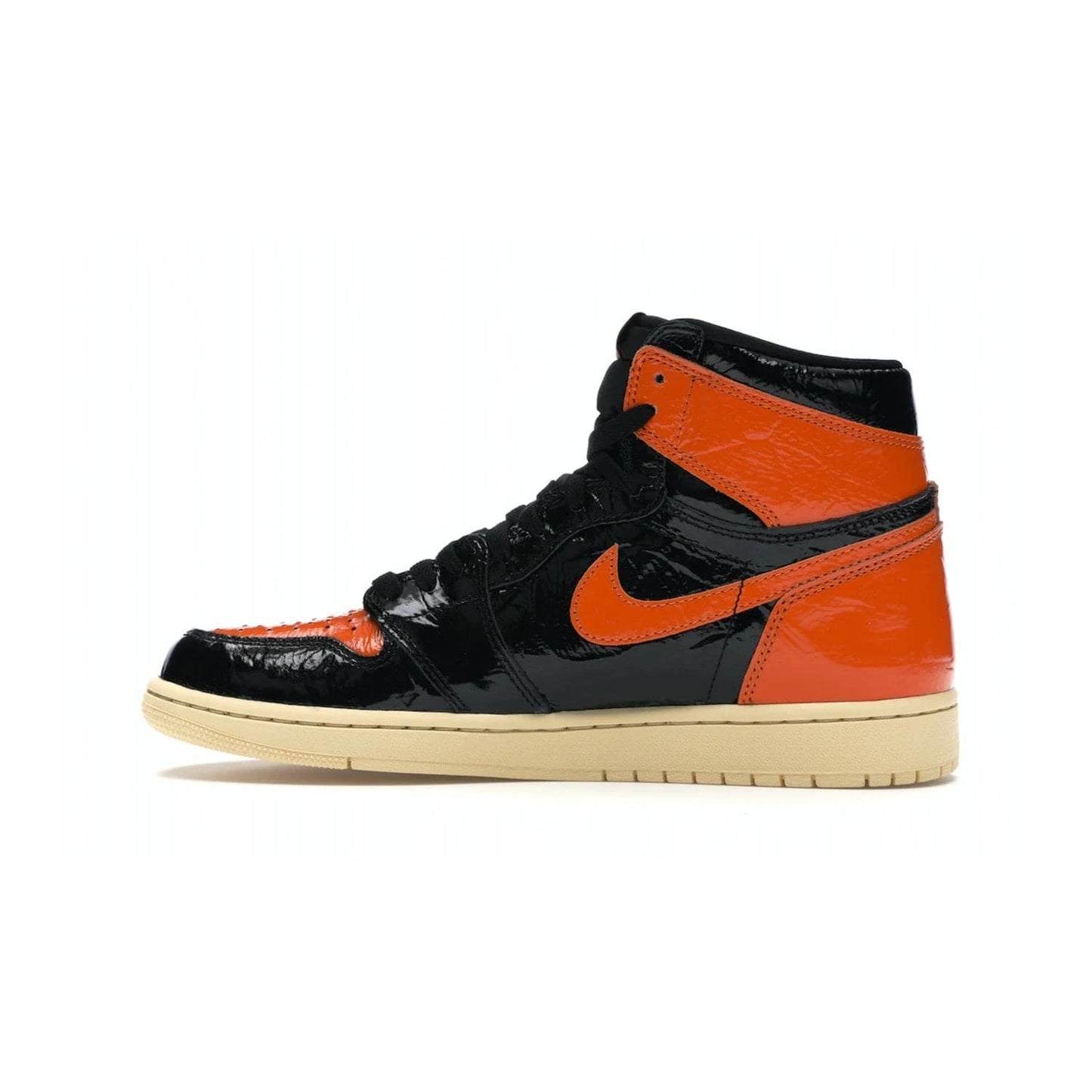Jordan 1 Retro High Shattered Backboard 3.0 - Image 20 - Only at www.BallersClubKickz.com - #
Jordan 1 Retro High Shattered Backboard 3.0: the perfect blend of modern style and nostalgic flair featuring an orange and black crinkled patent leather upper and yellowed vanilla outsole. Get these exclusive sneakers released in October of 2019!