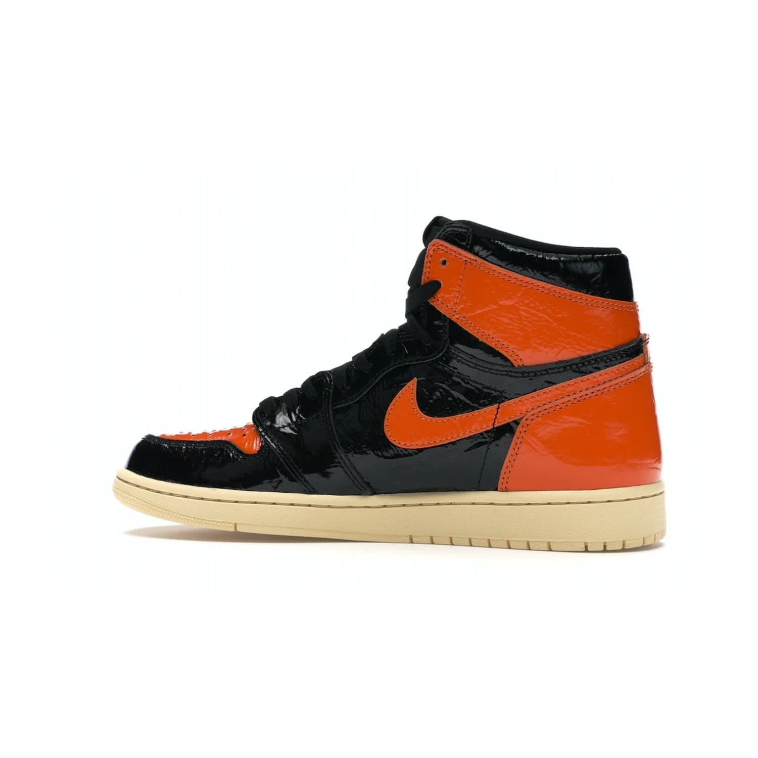 Jordan 1 Retro High Shattered Backboard 3.0 - Image 21 - Only at www.BallersClubKickz.com - #
Jordan 1 Retro High Shattered Backboard 3.0: the perfect blend of modern style and nostalgic flair featuring an orange and black crinkled patent leather upper and yellowed vanilla outsole. Get these exclusive sneakers released in October of 2019!