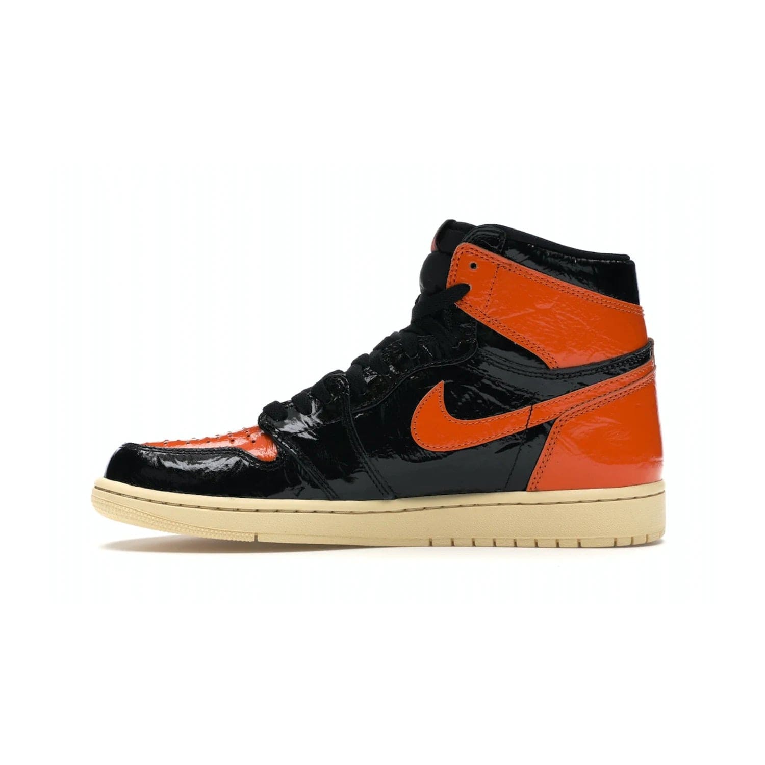 Jordan 1 Retro High Shattered Backboard 3.0 - Image 19 - Only at www.BallersClubKickz.com - #
Jordan 1 Retro High Shattered Backboard 3.0: the perfect blend of modern style and nostalgic flair featuring an orange and black crinkled patent leather upper and yellowed vanilla outsole. Get these exclusive sneakers released in October of 2019!