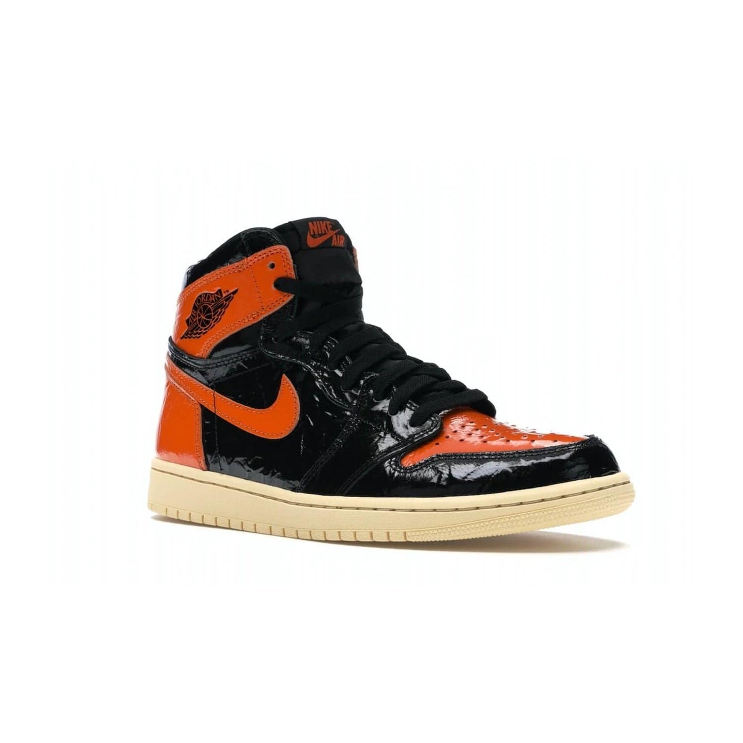 Jordan 1 Retro High Shattered Backboard 3.0 - Image 5 - Only at www.BallersClubKickz.com - #
Jordan 1 Retro High Shattered Backboard 3.0: the perfect blend of modern style and nostalgic flair featuring an orange and black crinkled patent leather upper and yellowed vanilla outsole. Get these exclusive sneakers released in October of 2019!