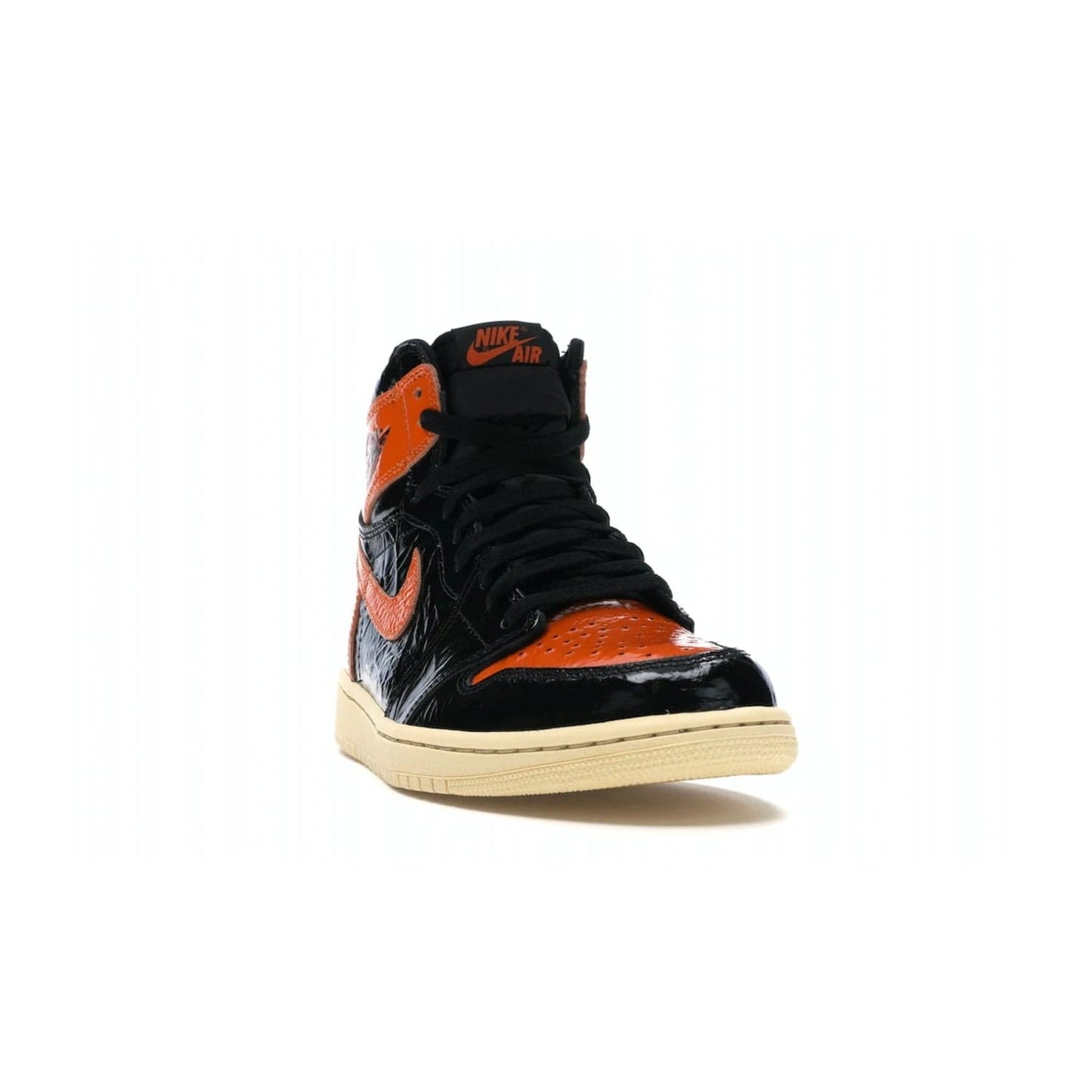 Jordan 1 Retro High Shattered Backboard 3.0 - Image 8 - Only at www.BallersClubKickz.com - #
Jordan 1 Retro High Shattered Backboard 3.0: the perfect blend of modern style and nostalgic flair featuring an orange and black crinkled patent leather upper and yellowed vanilla outsole. Get these exclusive sneakers released in October of 2019!