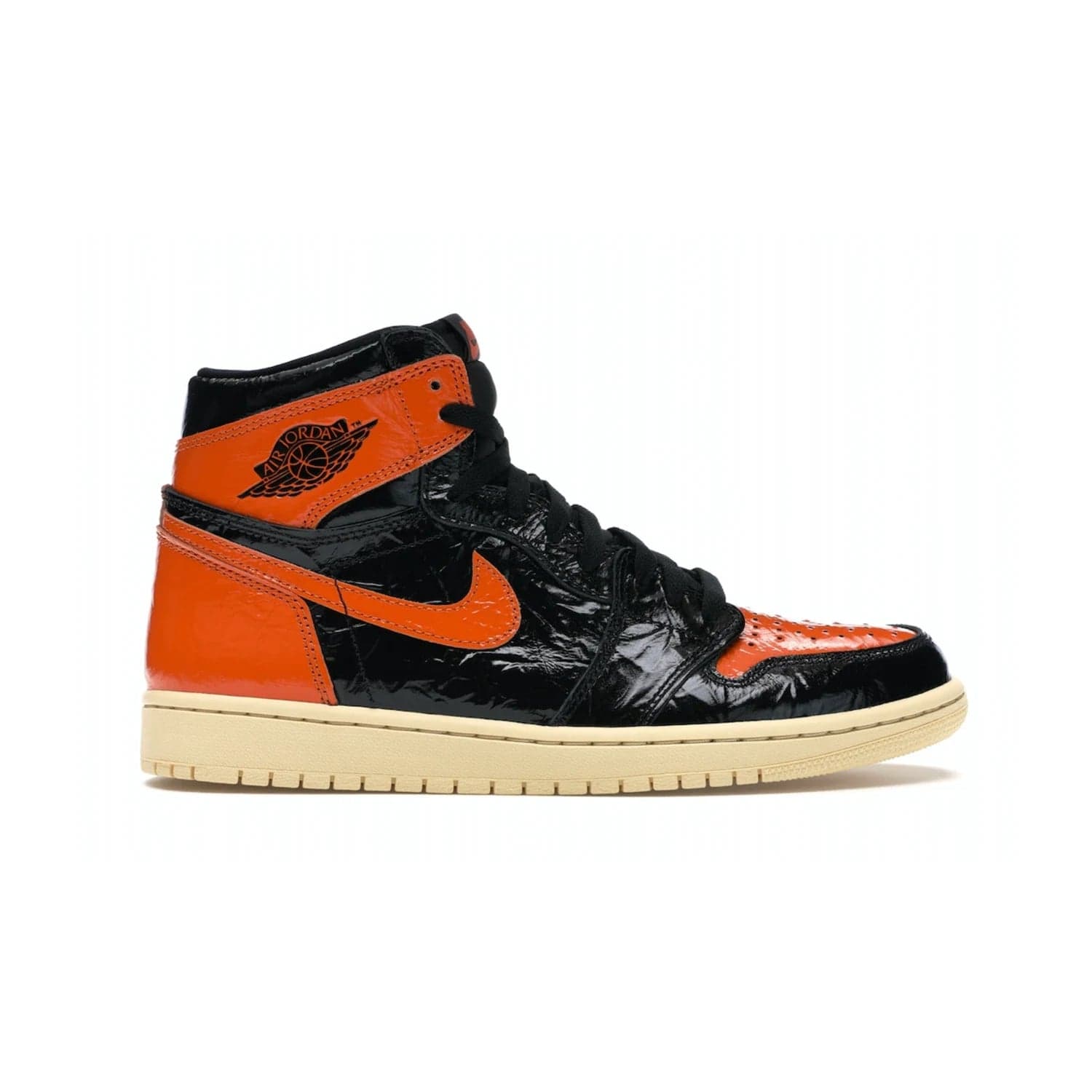 Jordan 1 Retro High Shattered Backboard 3.0 - Image 1 - Only at www.BallersClubKickz.com - #
Jordan 1 Retro High Shattered Backboard 3.0: the perfect blend of modern style and nostalgic flair featuring an orange and black crinkled patent leather upper and yellowed vanilla outsole. Get these exclusive sneakers released in October of 2019!