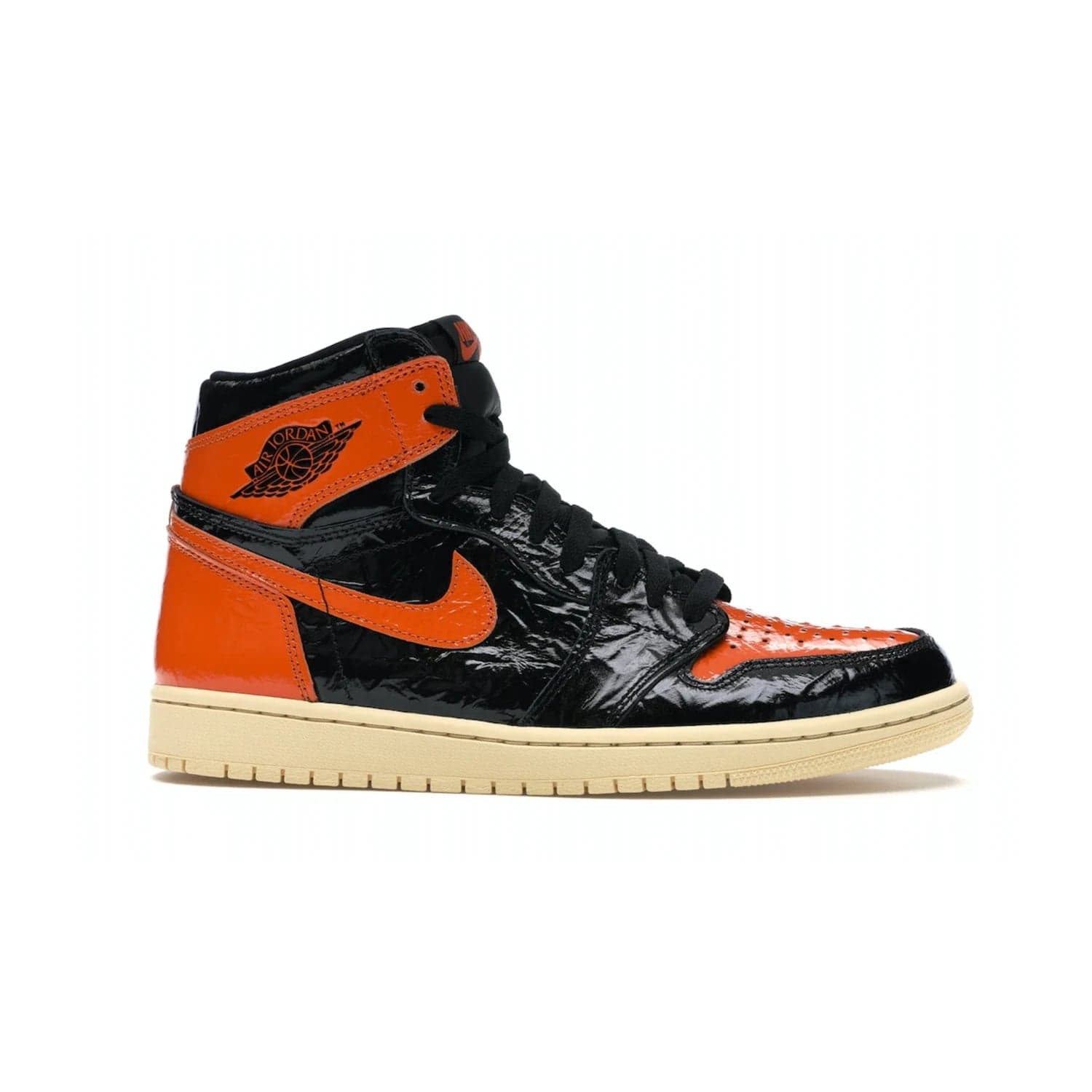 Jordan 1 Retro High Shattered Backboard 3.0 - Image 2 - Only at www.BallersClubKickz.com - #
Jordan 1 Retro High Shattered Backboard 3.0: the perfect blend of modern style and nostalgic flair featuring an orange and black crinkled patent leather upper and yellowed vanilla outsole. Get these exclusive sneakers released in October of 2019!