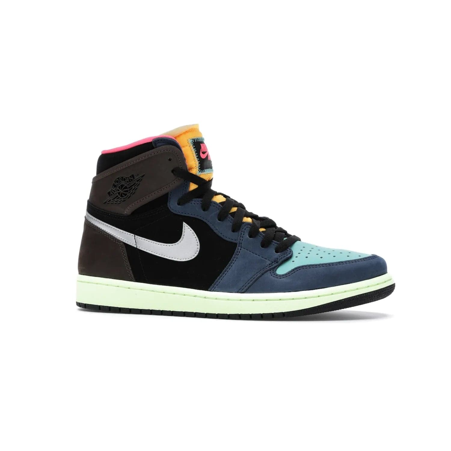 Jordan 1 Retro High Tokyo Bio Hack - Image 3 - Only at www.BallersClubKickz.com - Step up your sneaker game with the Air Jordan 1 Retro High Tokyo Bio Hack! Unique design featuring multiple materials and eye-catching colors. Metallic leather Swoosh and light green midsole for a stunning look. Available now for just $170.
