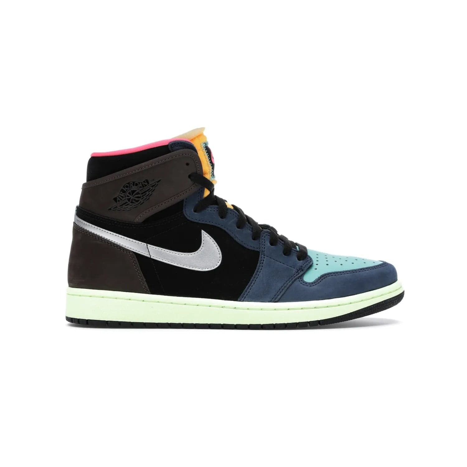 Jordan 1 Retro High Tokyo Bio Hack - Image 1 - Only at www.BallersClubKickz.com - Step up your sneaker game with the Air Jordan 1 Retro High Tokyo Bio Hack! Unique design featuring multiple materials and eye-catching colors. Metallic leather Swoosh and light green midsole for a stunning look. Available now for just $170.