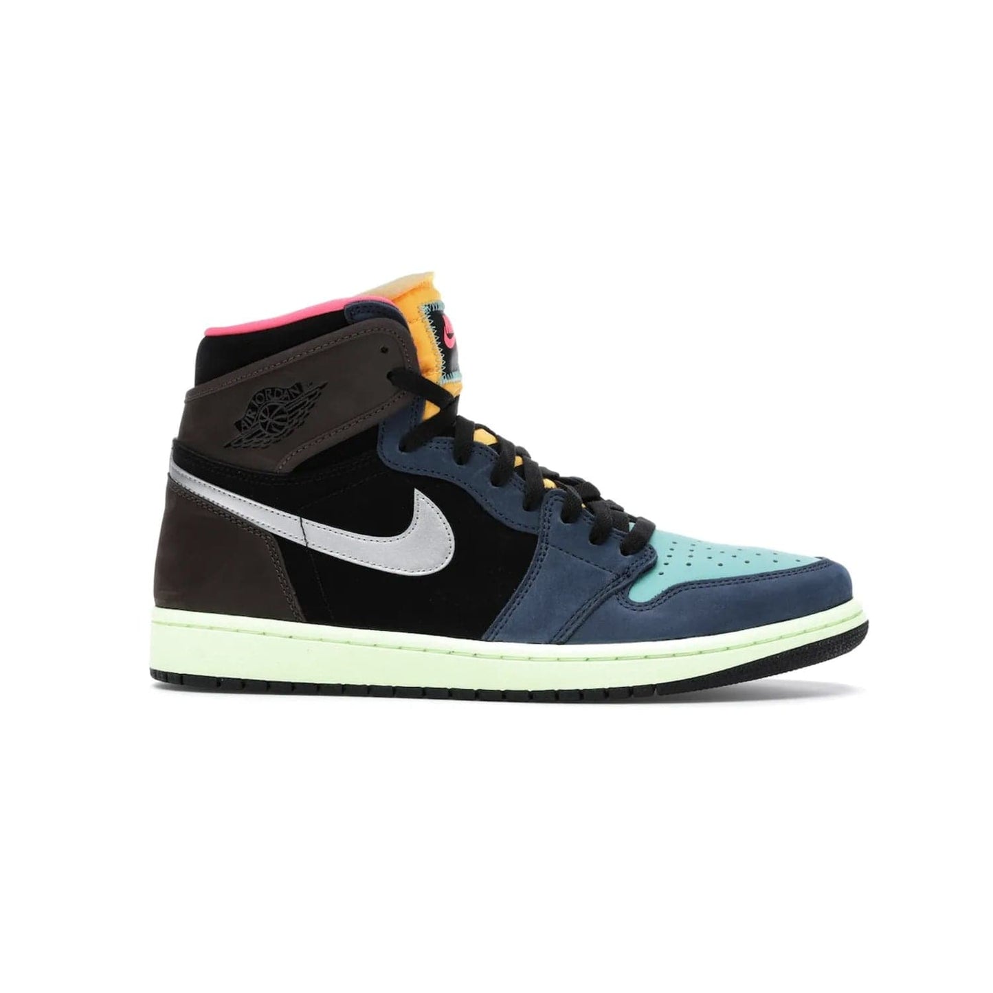 Jordan 1 Retro High Tokyo Bio Hack - Image 2 - Only at www.BallersClubKickz.com - Step up your sneaker game with the Air Jordan 1 Retro High Tokyo Bio Hack! Unique design featuring multiple materials and eye-catching colors. Metallic leather Swoosh and light green midsole for a stunning look. Available now for just $170.