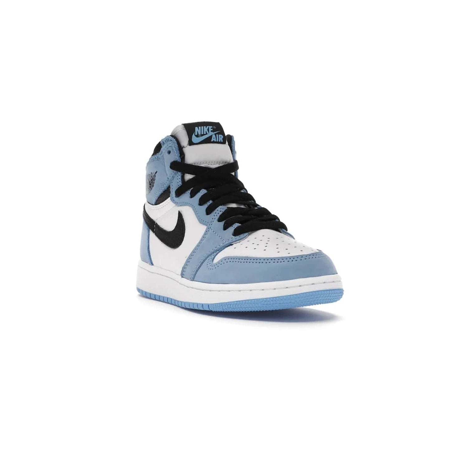Jordan 1 Retro High White University Blue Black (GS) - Image 7 - Only at www.BallersClubKickz.com - Air Jordan 1 Retro High White University Blue Black GS: the latest offering from the iconic Air Jordan 1 line. White tumbled leather upper with University Blue overlays and black detailing. University Blue outsole and white midsole. March 6 release.
