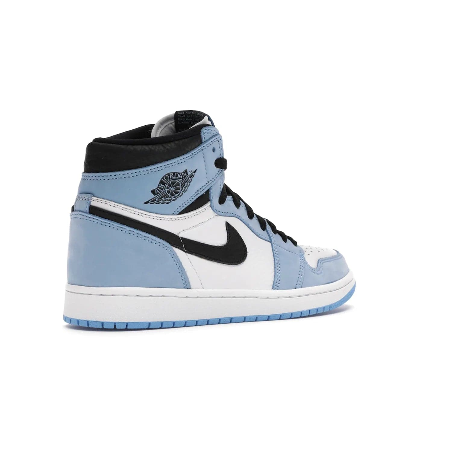 Jordan 1 Retro High White University Blue Black - Image 33 - Only at www.BallersClubKickz.com - Shop the Air Jordan 1 Retro High University Blue. White and black tumbled leather upper with University Blue Durabuck overlays, Nike Air woven label, Air Jordan Wings Logo, white midsole and University Blue outsole. Available March 2021.