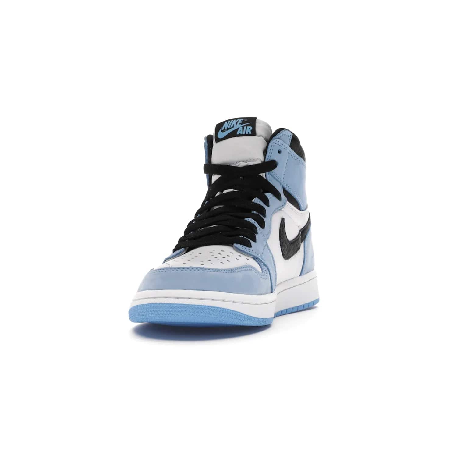 Jordan 1 Retro High White University Blue Black - Image 12 - Only at www.BallersClubKickz.com - Shop the Air Jordan 1 Retro High University Blue. White and black tumbled leather upper with University Blue Durabuck overlays, Nike Air woven label, Air Jordan Wings Logo, white midsole and University Blue outsole. Available March 2021.