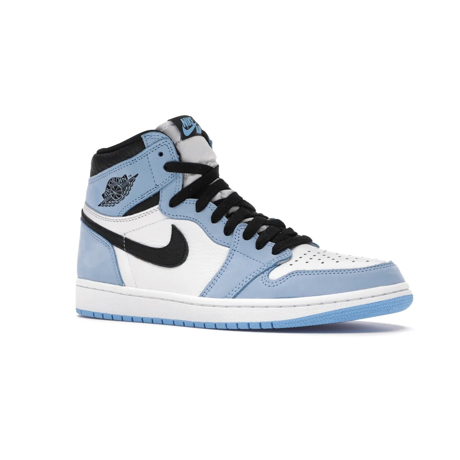 Jordan 1 Retro High White University Blue Black - Image 4 - Only at www.BallersClubKickz.com - Shop the Air Jordan 1 Retro High University Blue. White and black tumbled leather upper with University Blue Durabuck overlays, Nike Air woven label, Air Jordan Wings Logo, white midsole and University Blue outsole. Available March 2021.