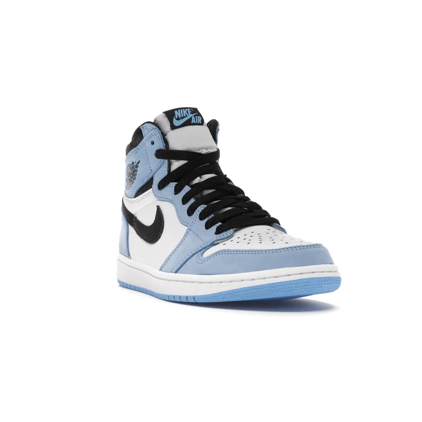 Jordan 1 Retro High White University Blue Black - Image 7 - Only at www.BallersClubKickz.com - Shop the Air Jordan 1 Retro High University Blue. White and black tumbled leather upper with University Blue Durabuck overlays, Nike Air woven label, Air Jordan Wings Logo, white midsole and University Blue outsole. Available March 2021.