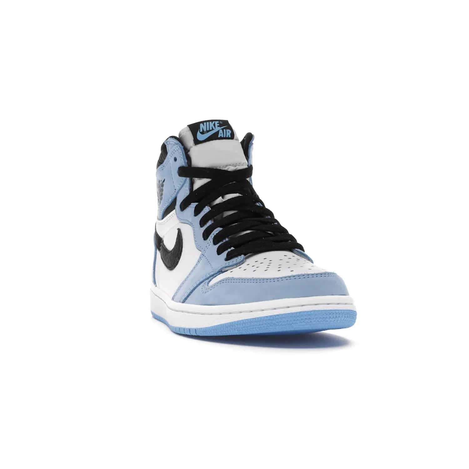 Jordan 1 Retro High White University Blue Black - Image 8 - Only at www.BallersClubKickz.com - Shop the Air Jordan 1 Retro High University Blue. White and black tumbled leather upper with University Blue Durabuck overlays, Nike Air woven label, Air Jordan Wings Logo, white midsole and University Blue outsole. Available March 2021.
