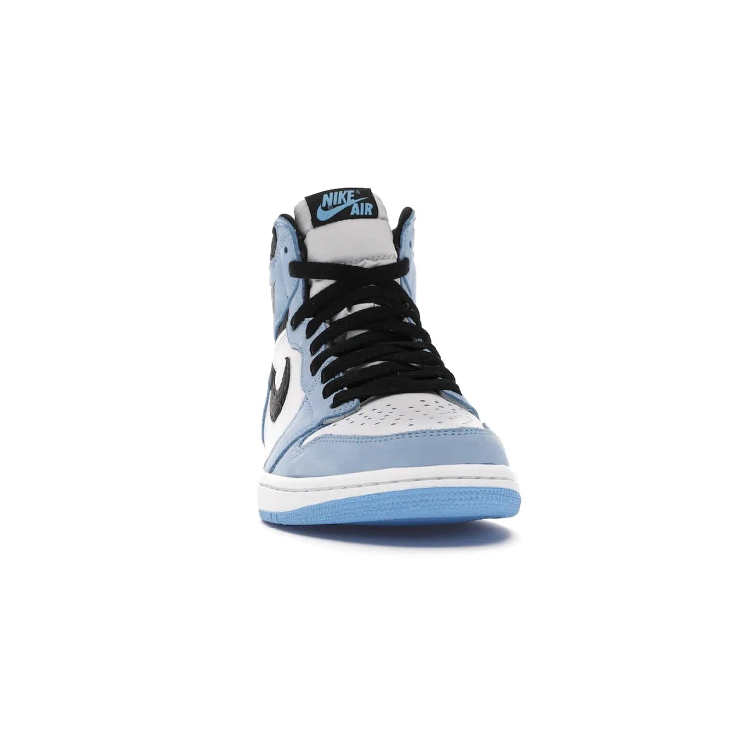 Jordan 1 Retro High White University Blue Black - Image 9 - Only at www.BallersClubKickz.com - Shop the Air Jordan 1 Retro High University Blue. White and black tumbled leather upper with University Blue Durabuck overlays, Nike Air woven label, Air Jordan Wings Logo, white midsole and University Blue outsole. Available March 2021.