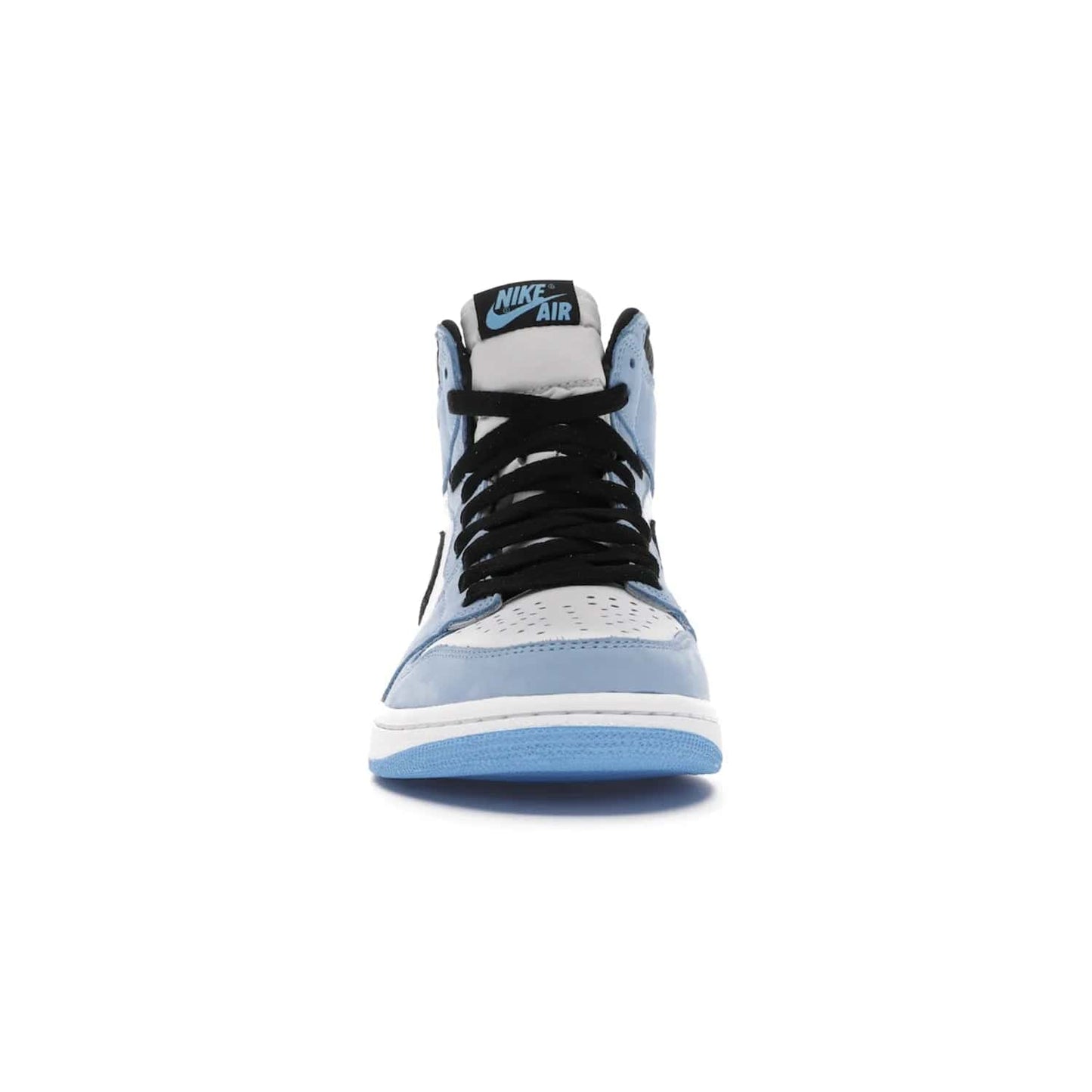 Jordan 1 Retro High White University Blue Black - Image 10 - Only at www.BallersClubKickz.com - Shop the Air Jordan 1 Retro High University Blue. White and black tumbled leather upper with University Blue Durabuck overlays, Nike Air woven label, Air Jordan Wings Logo, white midsole and University Blue outsole. Available March 2021.