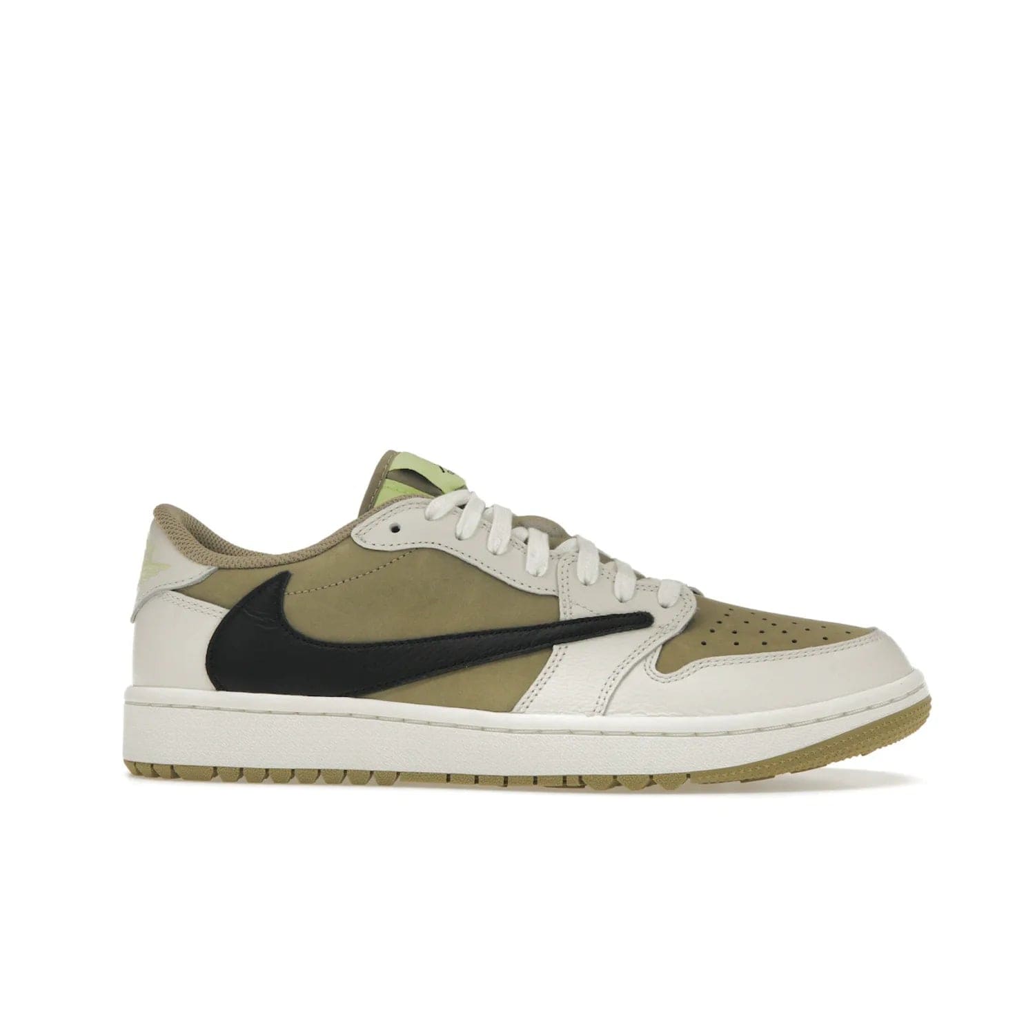 Jordan 1 Retro Low Golf Travis Scott Neutral Olive - Image 2 - Only at www.BallersClubKickz.com - Explore the unique Jordan 1 Retro Low Golf Travis Scott Neutral Olive, an olive-green sneaker collaboration between the iconic Jordan Brand and music royalty, Travis Scott. This special pair is tailored for the golf course with altered traction, hardened rubber, and a sleek style perfect for everyday wear. Get your pair and impress the crowd with its signature earth tones.