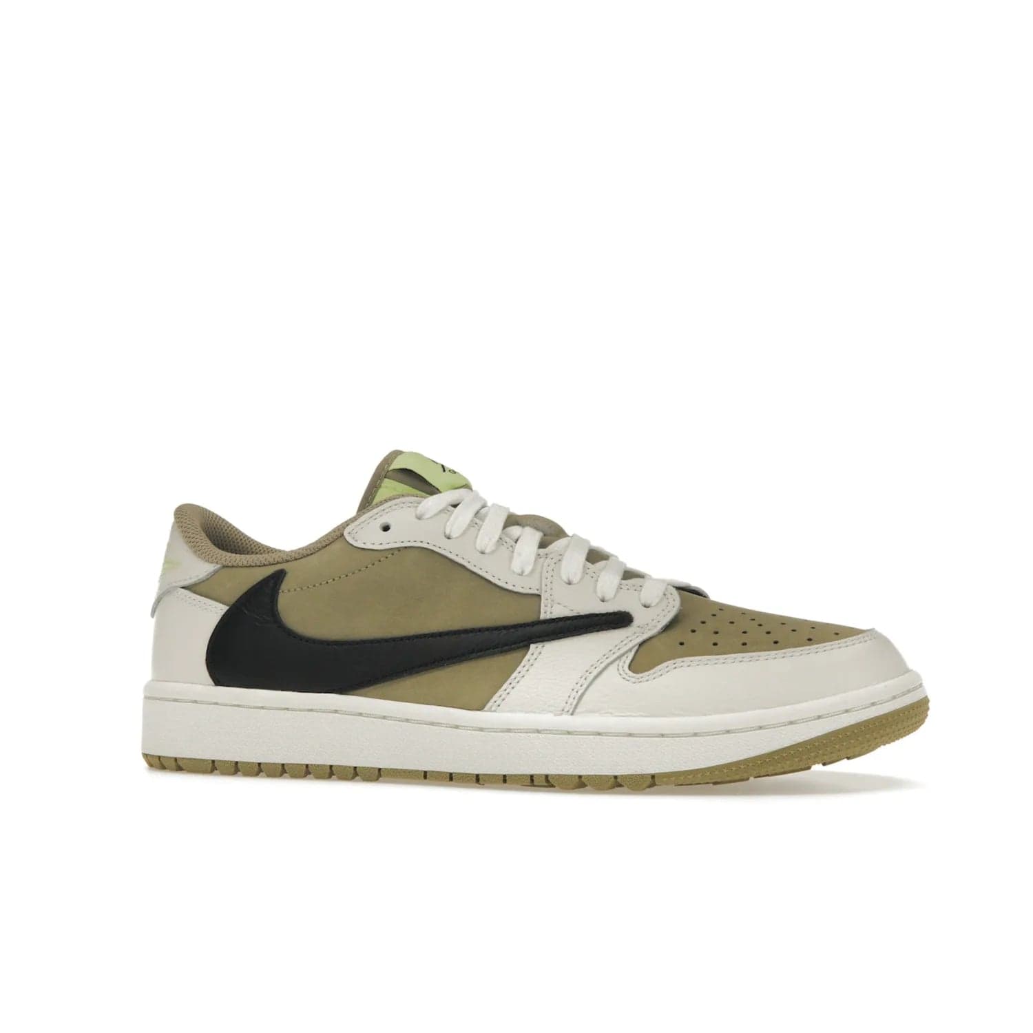 Jordan 1 Retro Low Golf Travis Scott Neutral Olive - Image 3 - Only at www.BallersClubKickz.com - Explore the unique Jordan 1 Retro Low Golf Travis Scott Neutral Olive, an olive-green sneaker collaboration between the iconic Jordan Brand and music royalty, Travis Scott. This special pair is tailored for the golf course with altered traction, hardened rubber, and a sleek style perfect for everyday wear. Get your pair and impress the crowd with its signature earth tones.