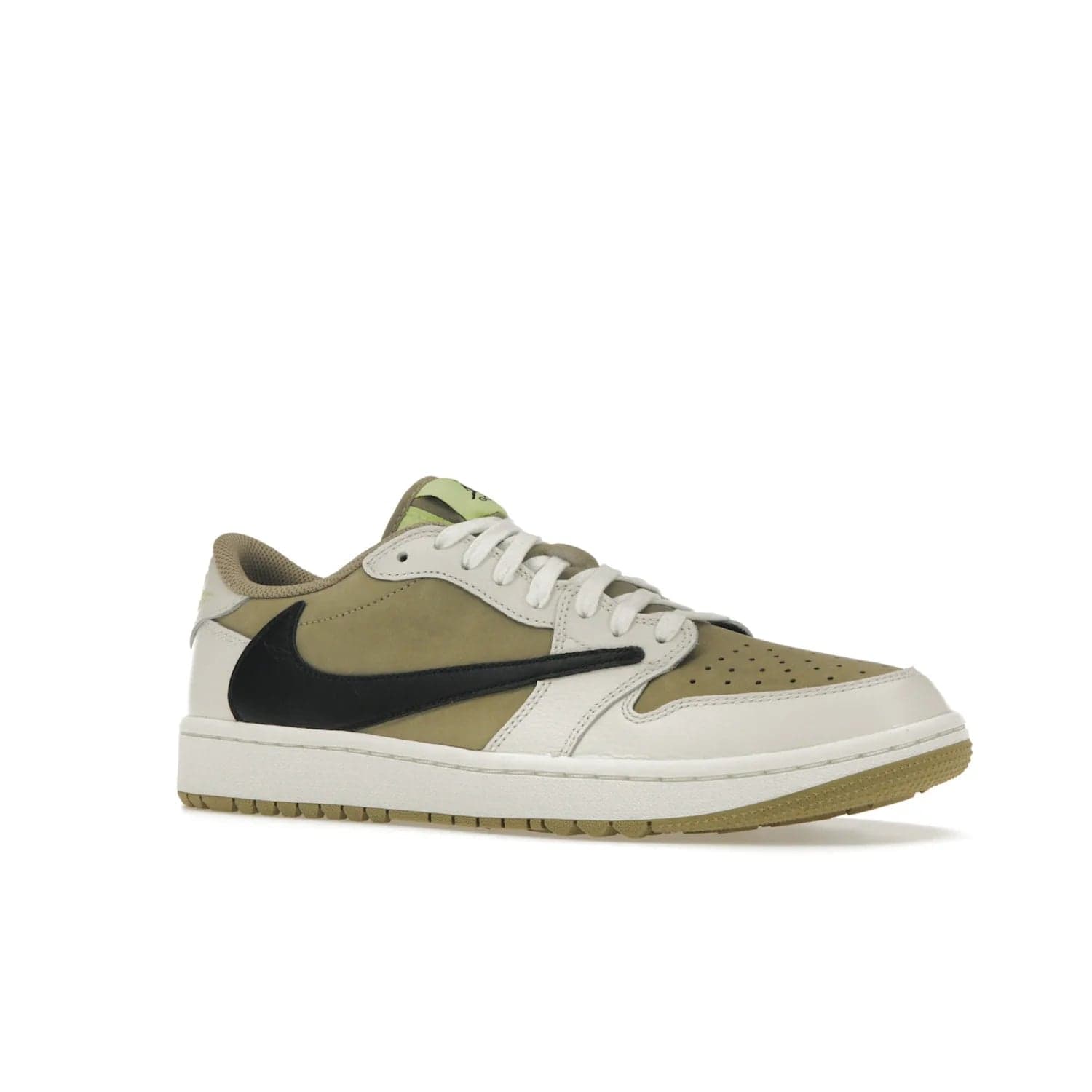 Jordan 1 Retro Low Golf Travis Scott Neutral Olive - Image 4 - Only at www.BallersClubKickz.com - Explore the unique Jordan 1 Retro Low Golf Travis Scott Neutral Olive, an olive-green sneaker collaboration between the iconic Jordan Brand and music royalty, Travis Scott. This special pair is tailored for the golf course with altered traction, hardened rubber, and a sleek style perfect for everyday wear. Get your pair and impress the crowd with its signature earth tones.