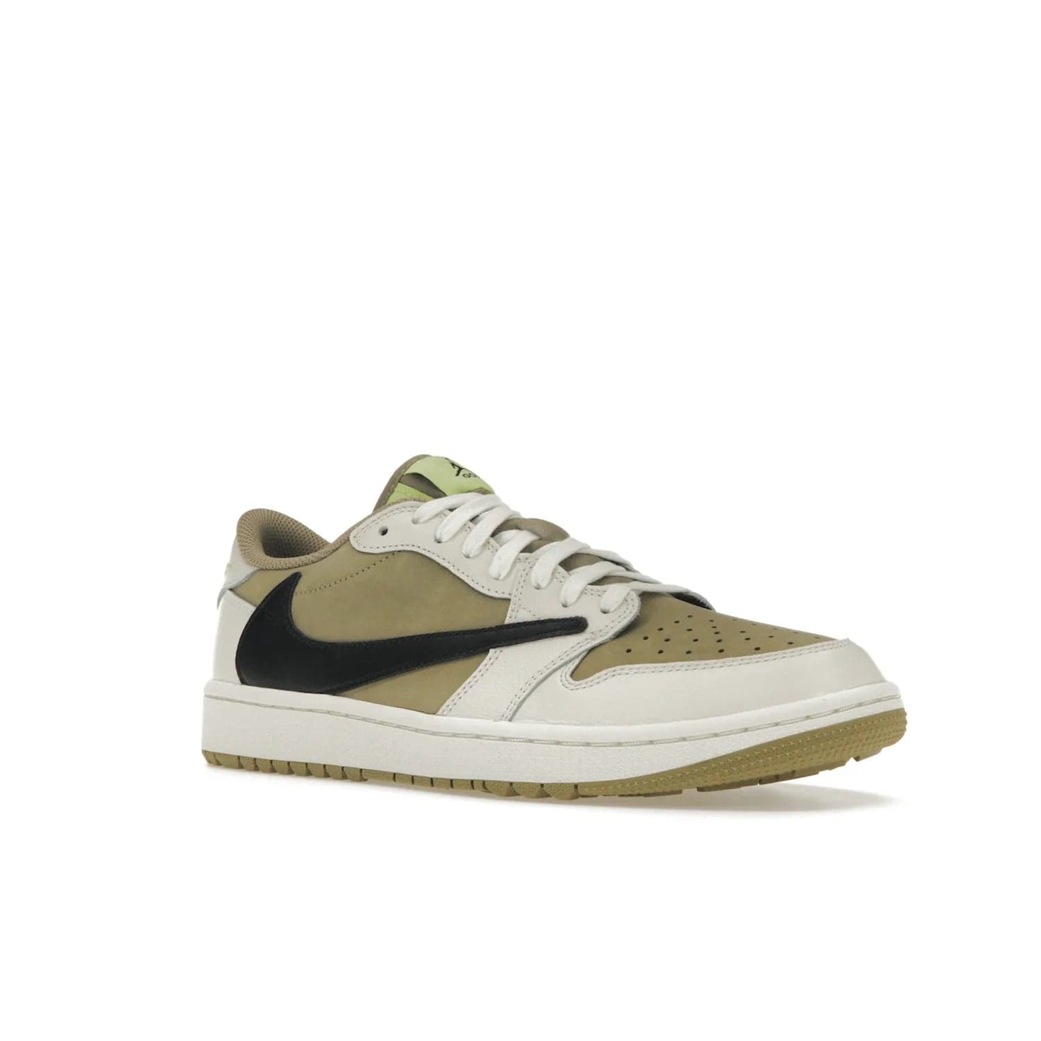 Jordan 1 Retro Low Golf Travis Scott Neutral Olive - Image 5 - Only at www.BallersClubKickz.com - Explore the unique Jordan 1 Retro Low Golf Travis Scott Neutral Olive, an olive-green sneaker collaboration between the iconic Jordan Brand and music royalty, Travis Scott. This special pair is tailored for the golf course with altered traction, hardened rubber, and a sleek style perfect for everyday wear. Get your pair and impress the crowd with its signature earth tones.