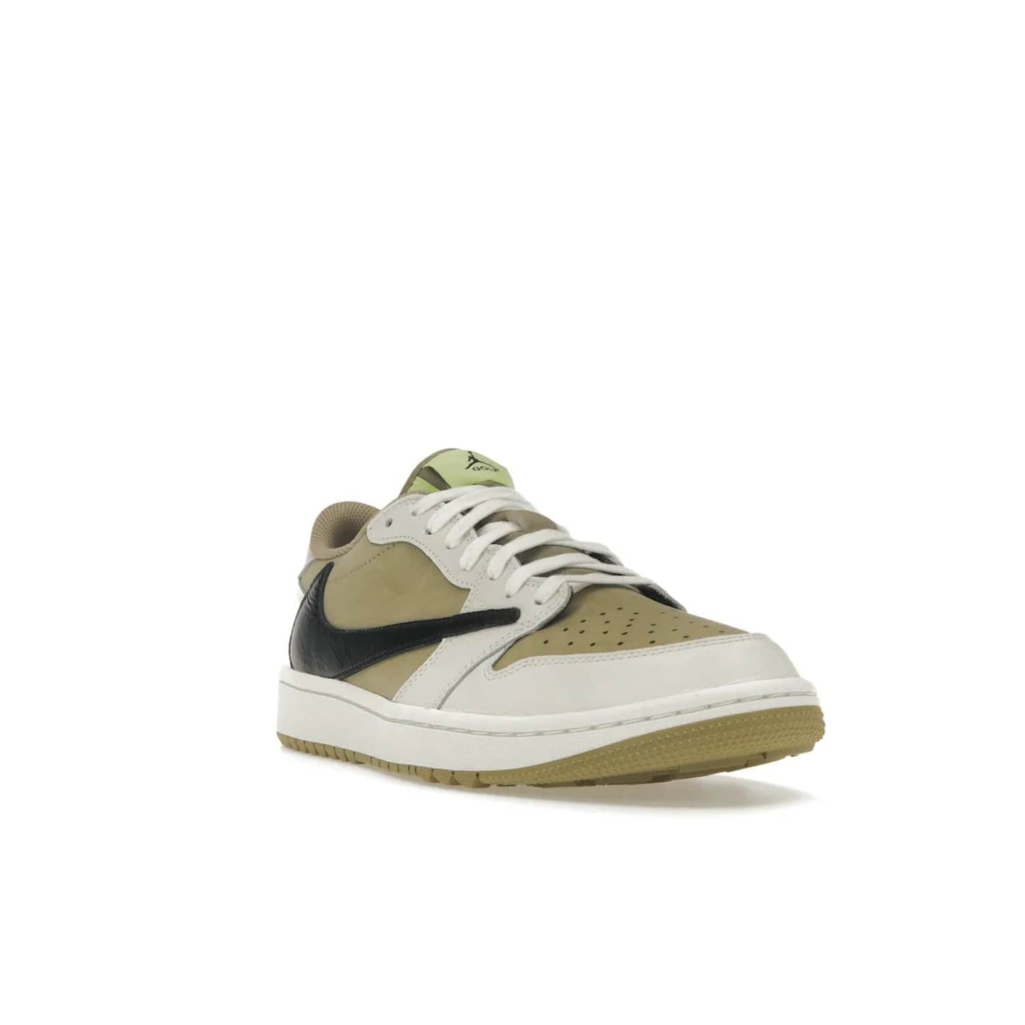 Jordan 1 Retro Low Golf Travis Scott Neutral Olive - Image 7 - Only at www.BallersClubKickz.com - Explore the unique Jordan 1 Retro Low Golf Travis Scott Neutral Olive, an olive-green sneaker collaboration between the iconic Jordan Brand and music royalty, Travis Scott. This special pair is tailored for the golf course with altered traction, hardened rubber, and a sleek style perfect for everyday wear. Get your pair and impress the crowd with its signature earth tones.
