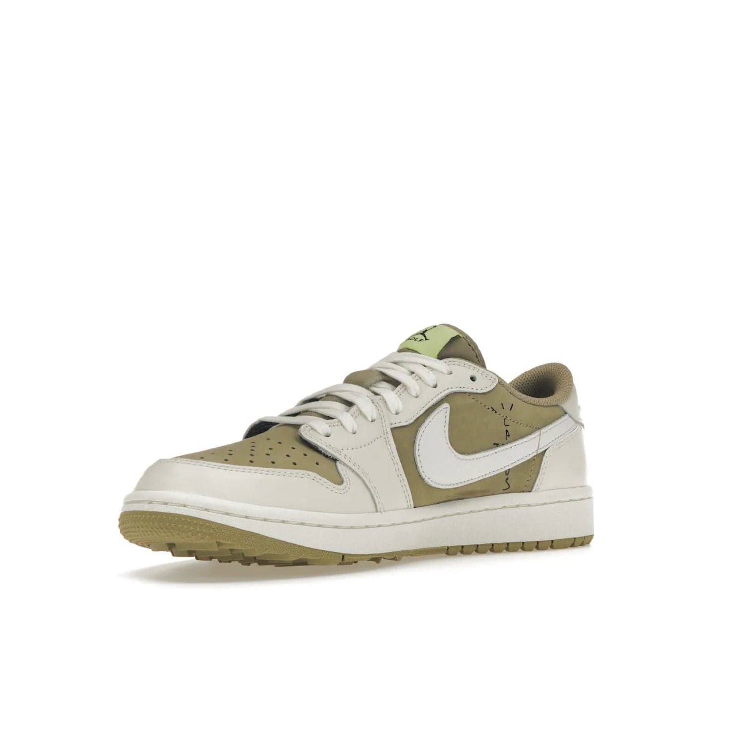 Jordan 1 Retro Low Golf Travis Scott Neutral Olive - Image 15 - Only at www.BallersClubKickz.com - Explore the unique Jordan 1 Retro Low Golf Travis Scott Neutral Olive, an olive-green sneaker collaboration between the iconic Jordan Brand and music royalty, Travis Scott. This special pair is tailored for the golf course with altered traction, hardened rubber, and a sleek style perfect for everyday wear. Get your pair and impress the crowd with its signature earth tones.