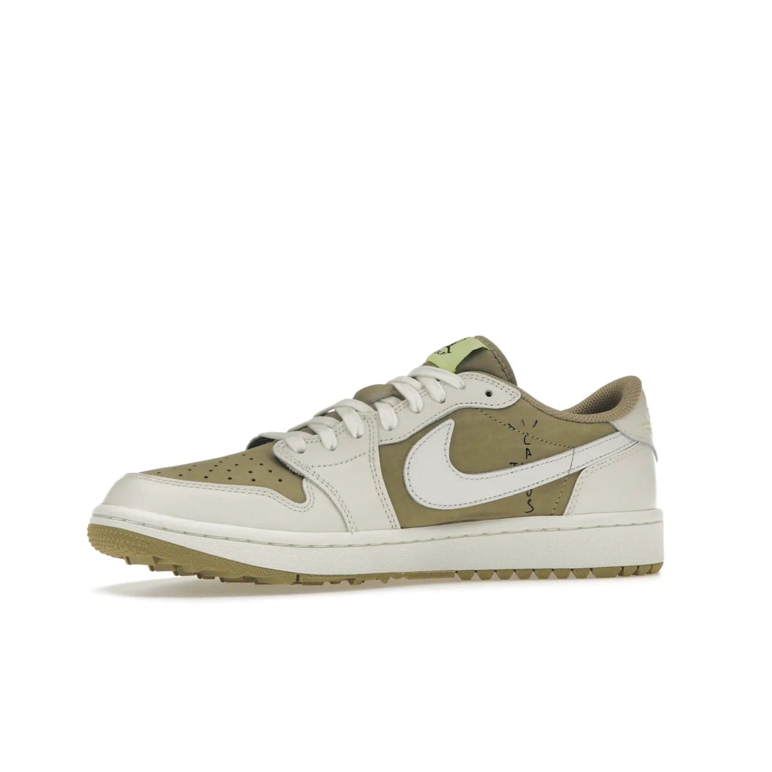 Jordan 1 Retro Low Golf Travis Scott Neutral Olive - Image 17 - Only at www.BallersClubKickz.com - Explore the unique Jordan 1 Retro Low Golf Travis Scott Neutral Olive, an olive-green sneaker collaboration between the iconic Jordan Brand and music royalty, Travis Scott. This special pair is tailored for the golf course with altered traction, hardened rubber, and a sleek style perfect for everyday wear. Get your pair and impress the crowd with its signature earth tones.