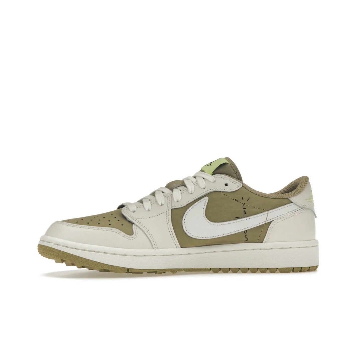 Jordan 1 Retro Low Golf Travis Scott Neutral Olive - Image 18 - Only at www.BallersClubKickz.com - Explore the unique Jordan 1 Retro Low Golf Travis Scott Neutral Olive, an olive-green sneaker collaboration between the iconic Jordan Brand and music royalty, Travis Scott. This special pair is tailored for the golf course with altered traction, hardened rubber, and a sleek style perfect for everyday wear. Get your pair and impress the crowd with its signature earth tones.