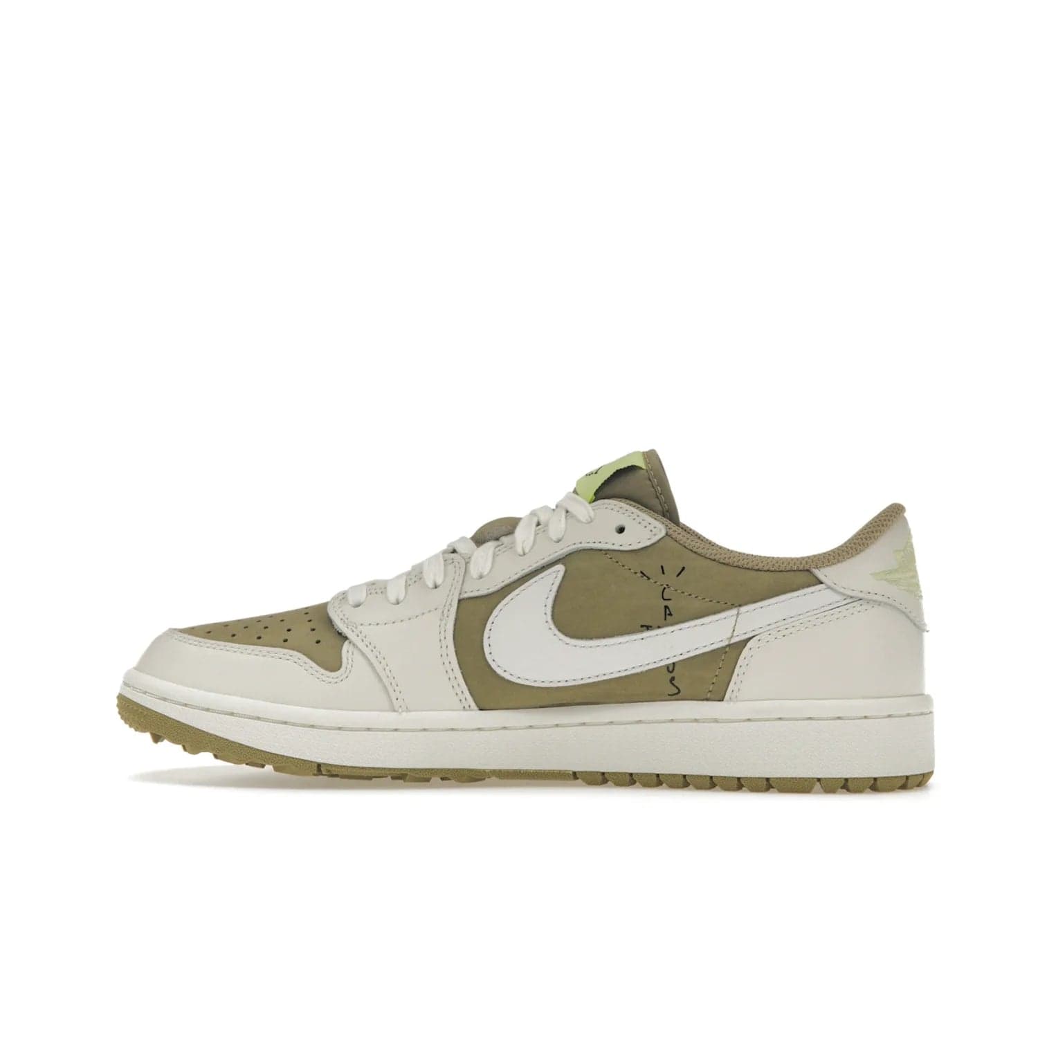Jordan 1 Retro Low Golf Travis Scott Neutral Olive - Image 20 - Only at www.BallersClubKickz.com - Explore the unique Jordan 1 Retro Low Golf Travis Scott Neutral Olive, an olive-green sneaker collaboration between the iconic Jordan Brand and music royalty, Travis Scott. This special pair is tailored for the golf course with altered traction, hardened rubber, and a sleek style perfect for everyday wear. Get your pair and impress the crowd with its signature earth tones.