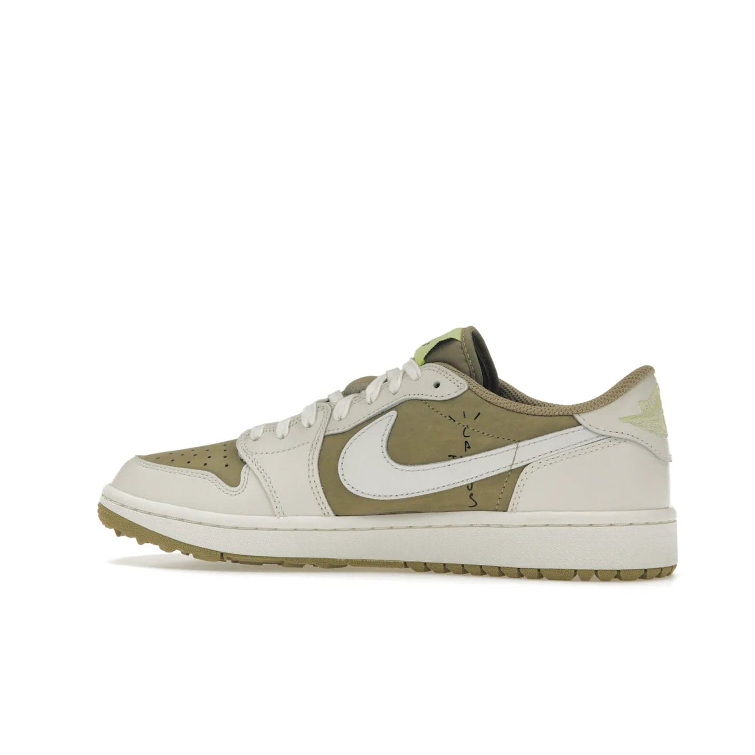 Jordan 1 Retro Low Golf Travis Scott Neutral Olive - Image 21 - Only at www.BallersClubKickz.com - Explore the unique Jordan 1 Retro Low Golf Travis Scott Neutral Olive, an olive-green sneaker collaboration between the iconic Jordan Brand and music royalty, Travis Scott. This special pair is tailored for the golf course with altered traction, hardened rubber, and a sleek style perfect for everyday wear. Get your pair and impress the crowd with its signature earth tones.