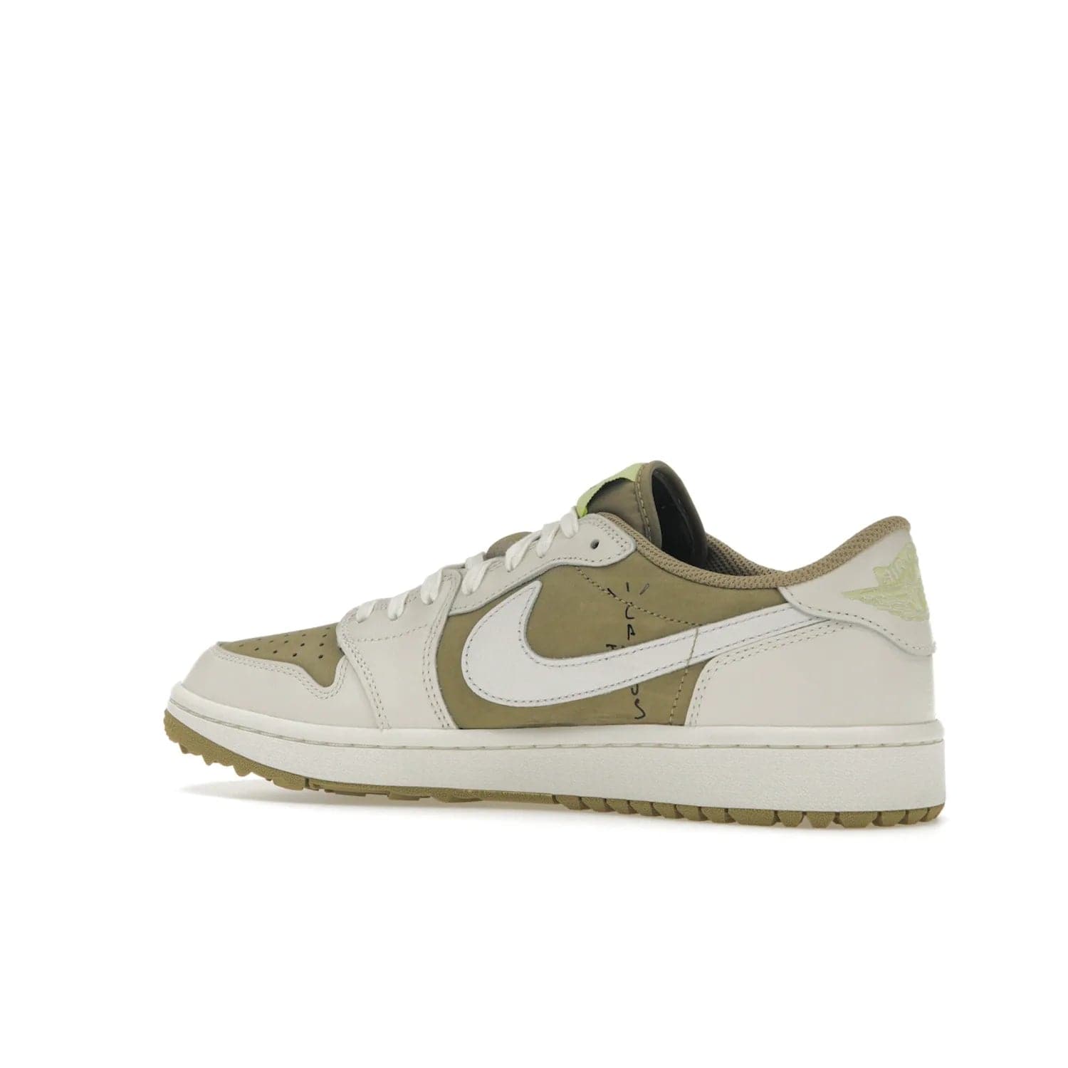 Jordan 1 Retro Low Golf Travis Scott Neutral Olive - Image 22 - Only at www.BallersClubKickz.com - Explore the unique Jordan 1 Retro Low Golf Travis Scott Neutral Olive, an olive-green sneaker collaboration between the iconic Jordan Brand and music royalty, Travis Scott. This special pair is tailored for the golf course with altered traction, hardened rubber, and a sleek style perfect for everyday wear. Get your pair and impress the crowd with its signature earth tones.