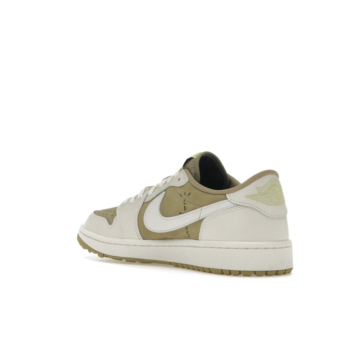 Jordan 1 Retro Low Golf Travis Scott Neutral Olive - Image 24 - Only at www.BallersClubKickz.com - Explore the unique Jordan 1 Retro Low Golf Travis Scott Neutral Olive, an olive-green sneaker collaboration between the iconic Jordan Brand and music royalty, Travis Scott. This special pair is tailored for the golf course with altered traction, hardened rubber, and a sleek style perfect for everyday wear. Get your pair and impress the crowd with its signature earth tones.