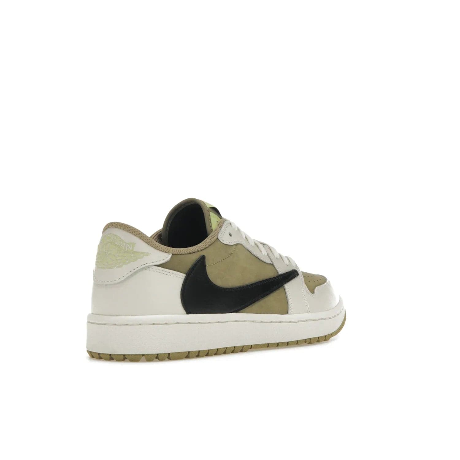 Jordan 1 Retro Low Golf Travis Scott Neutral Olive - Image 32 - Only at www.BallersClubKickz.com - Explore the unique Jordan 1 Retro Low Golf Travis Scott Neutral Olive, an olive-green sneaker collaboration between the iconic Jordan Brand and music royalty, Travis Scott. This special pair is tailored for the golf course with altered traction, hardened rubber, and a sleek style perfect for everyday wear. Get your pair and impress the crowd with its signature earth tones.