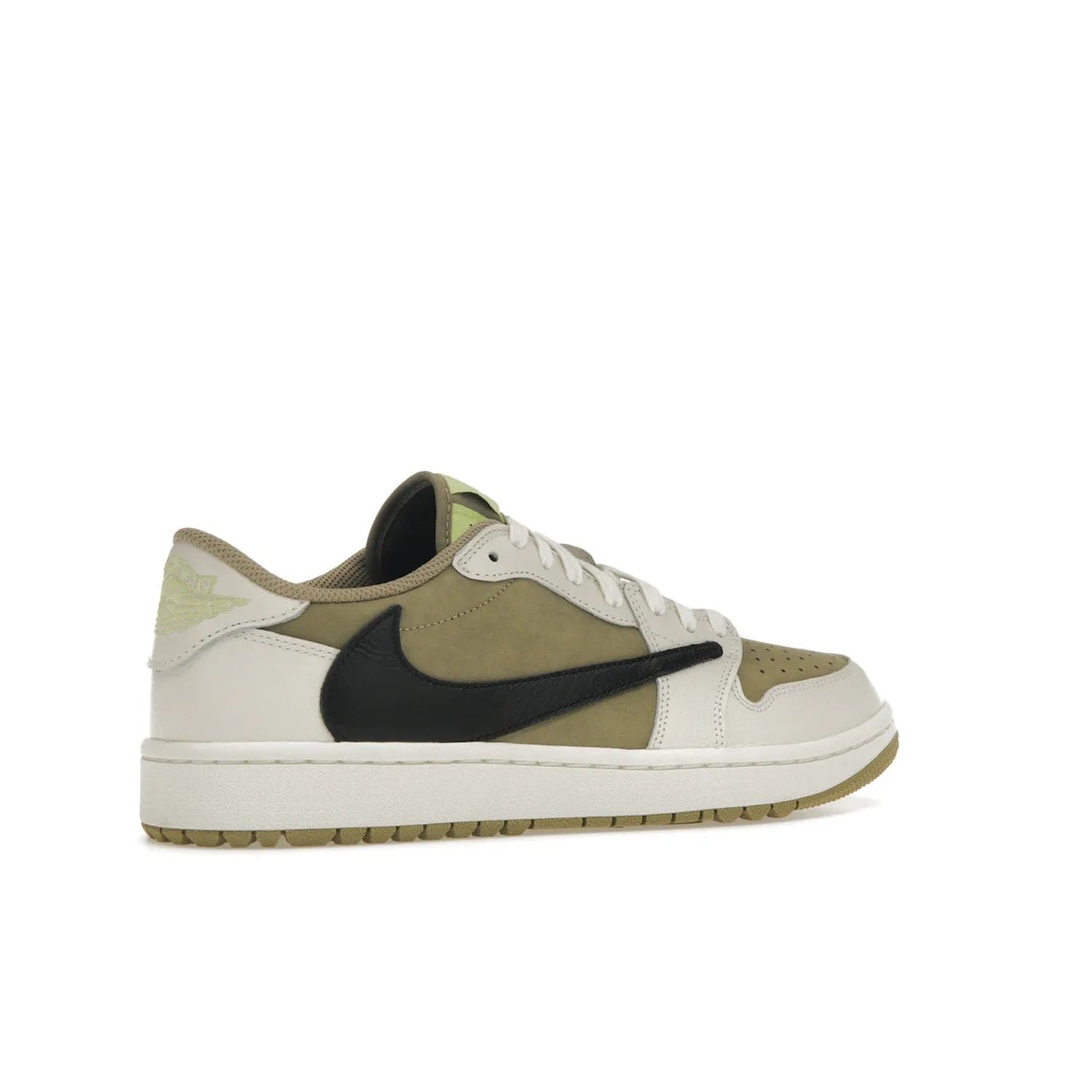 Jordan 1 Retro Low Golf Travis Scott Neutral Olive - Image 34 - Only at www.BallersClubKickz.com - Explore the unique Jordan 1 Retro Low Golf Travis Scott Neutral Olive, an olive-green sneaker collaboration between the iconic Jordan Brand and music royalty, Travis Scott. This special pair is tailored for the golf course with altered traction, hardened rubber, and a sleek style perfect for everyday wear. Get your pair and impress the crowd with its signature earth tones.