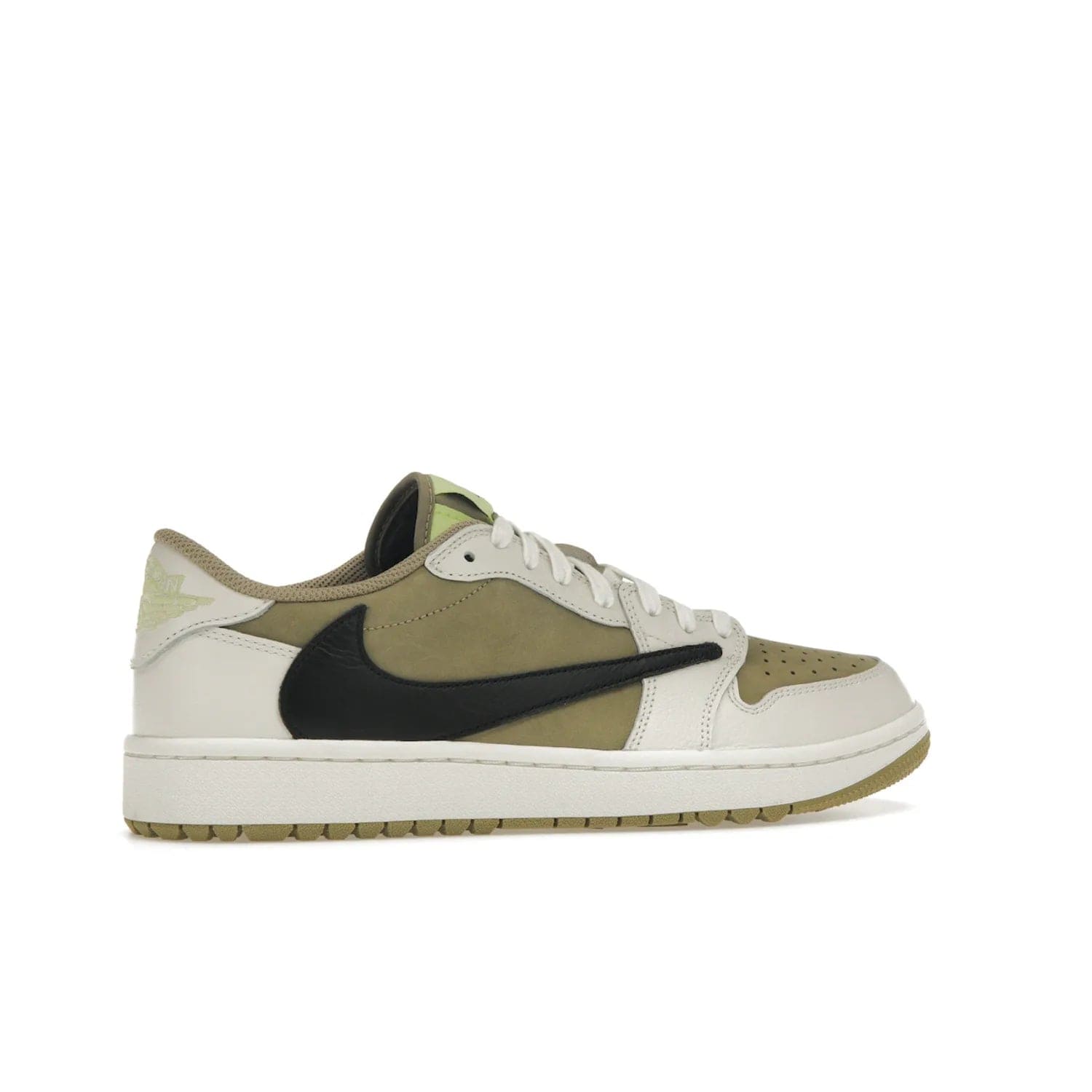 Jordan 1 Retro Low Golf Travis Scott Neutral Olive - Image 35 - Only at www.BallersClubKickz.com - Explore the unique Jordan 1 Retro Low Golf Travis Scott Neutral Olive, an olive-green sneaker collaboration between the iconic Jordan Brand and music royalty, Travis Scott. This special pair is tailored for the golf course with altered traction, hardened rubber, and a sleek style perfect for everyday wear. Get your pair and impress the crowd with its signature earth tones.