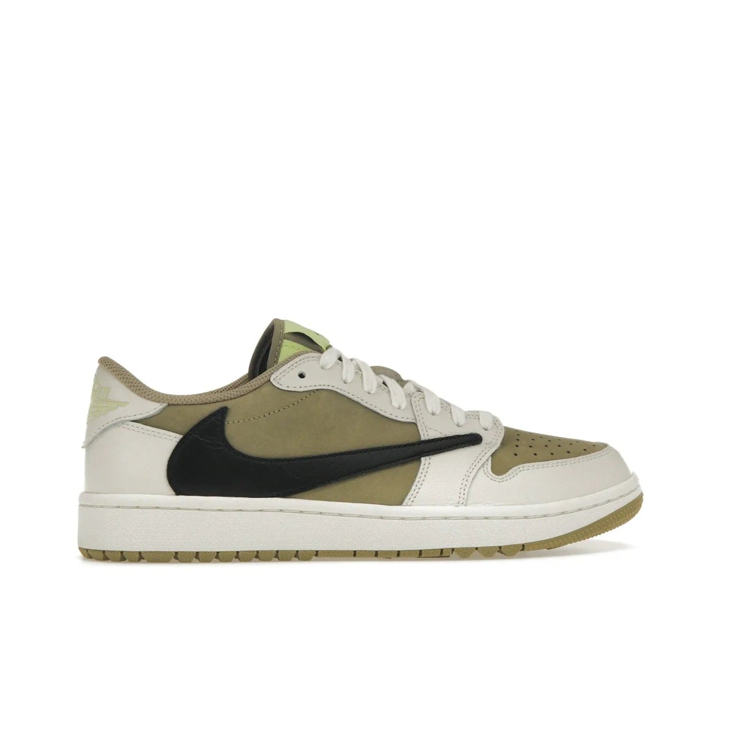 Jordan 1 Retro Low Golf Travis Scott Neutral Olive - Image 36 - Only at www.BallersClubKickz.com - Explore the unique Jordan 1 Retro Low Golf Travis Scott Neutral Olive, an olive-green sneaker collaboration between the iconic Jordan Brand and music royalty, Travis Scott. This special pair is tailored for the golf course with altered traction, hardened rubber, and a sleek style perfect for everyday wear. Get your pair and impress the crowd with its signature earth tones.