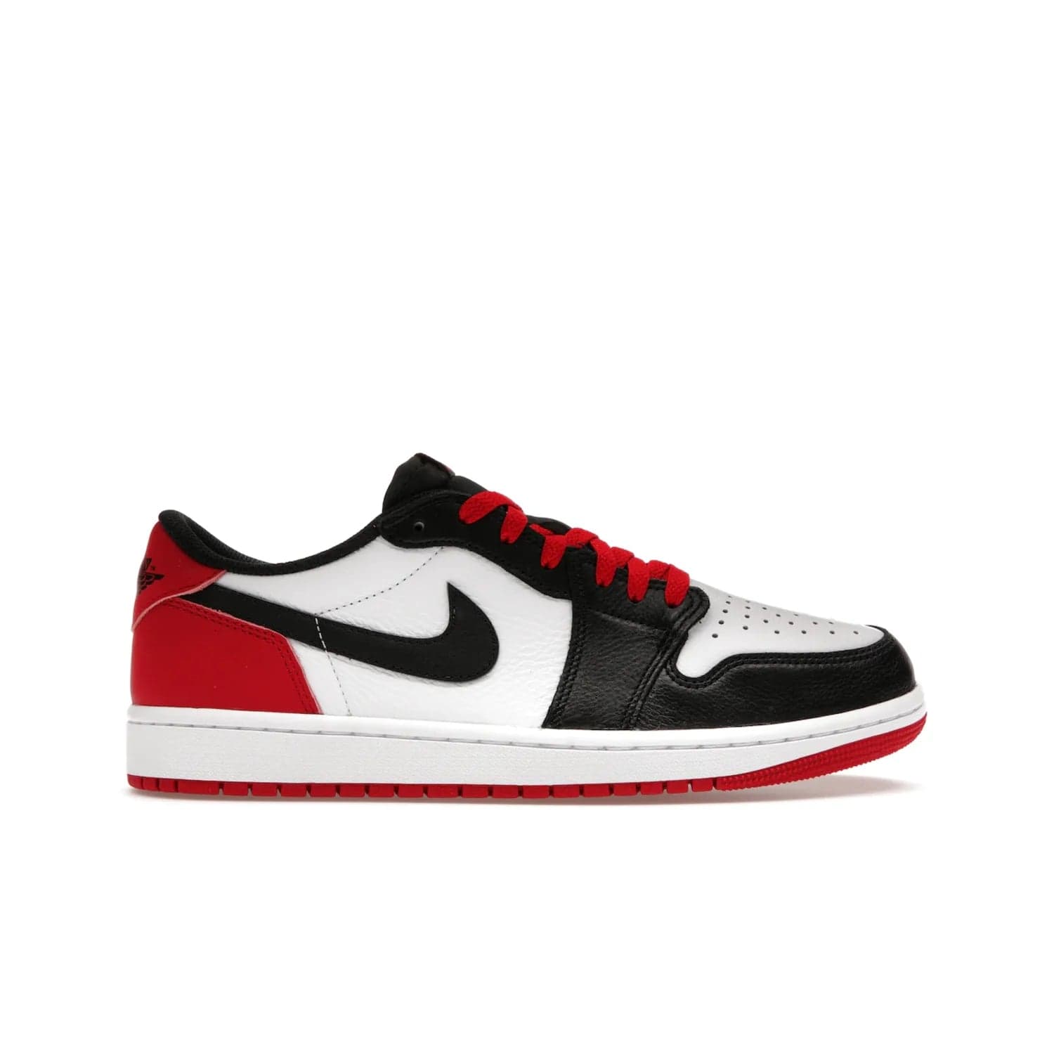 Jordan 1 Retro Low OG Black Toe (2023) (GS) - Image 1 - Only at www.BallersClubKickz.com - Iconic colorway and classic styling: Get the Jordan 1 Retro Low OG Black Toe (2023) (GS) on 2023-08-04! White leather upper with black and varsity red overlays create a timeless look. Low cut for comfortable fit.