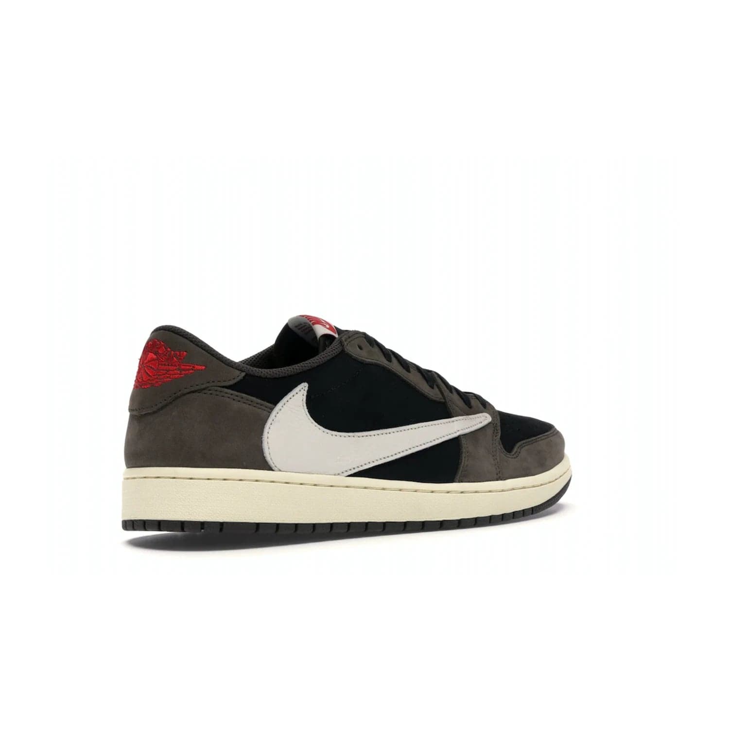 Jordan 1 Retro Low OG SP Travis Scott - Image 33 - Only at www.BallersClubKickz.com - The Air Jordan 1 Low Travis Scott combines modern and classic design elements for a stylish look. It features a black upper with dark brown overlays, red accents, sail midsole, and dark brown outsole. Signature touches include a backwards Swoosh logo and “Cactus Jack” inscriptions. Released in July 2019.