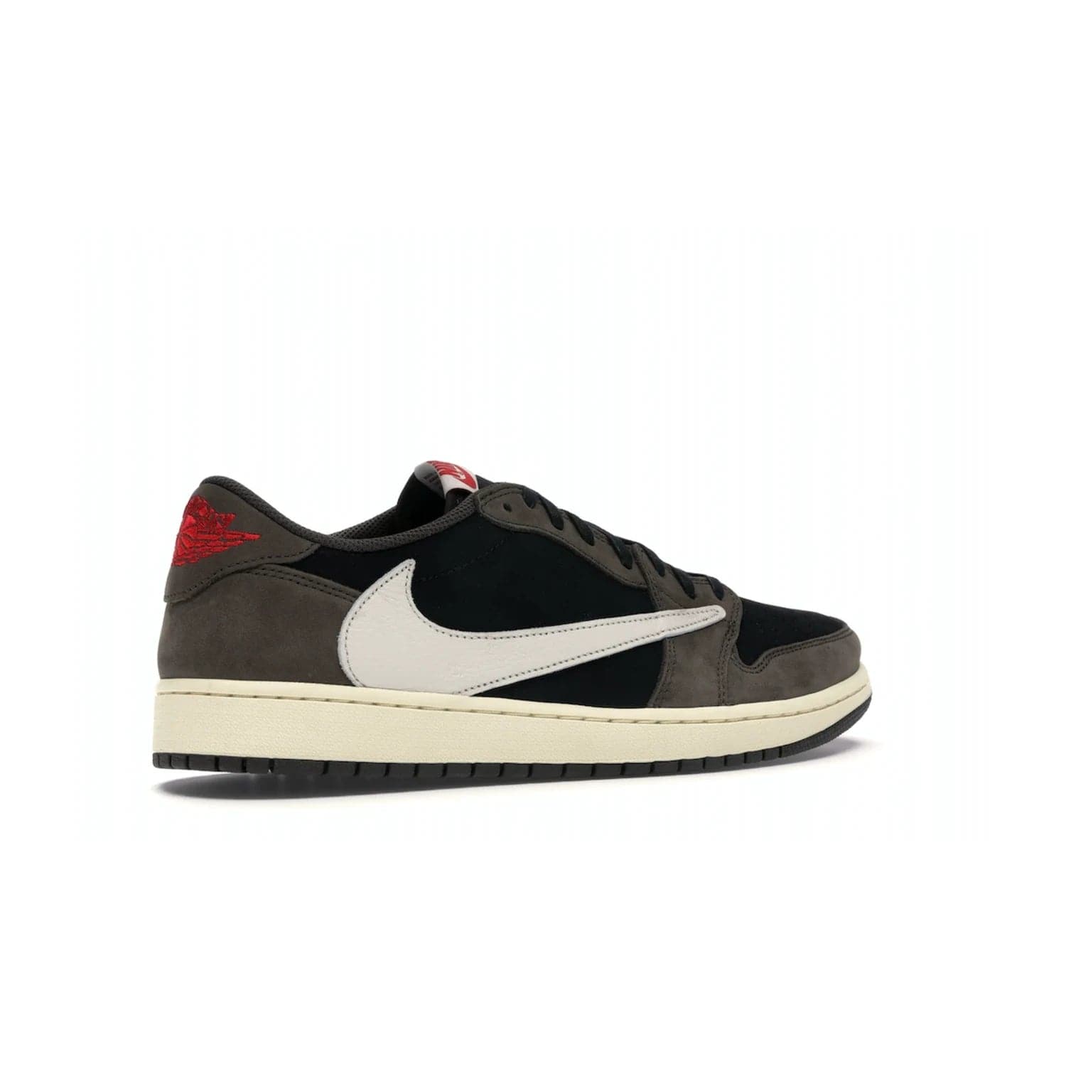 Jordan 1 Retro Low OG SP Travis Scott - Image 34 - Only at www.BallersClubKickz.com - The Air Jordan 1 Low Travis Scott combines modern and classic design elements for a stylish look. It features a black upper with dark brown overlays, red accents, sail midsole, and dark brown outsole. Signature touches include a backwards Swoosh logo and “Cactus Jack” inscriptions. Released in July 2019.